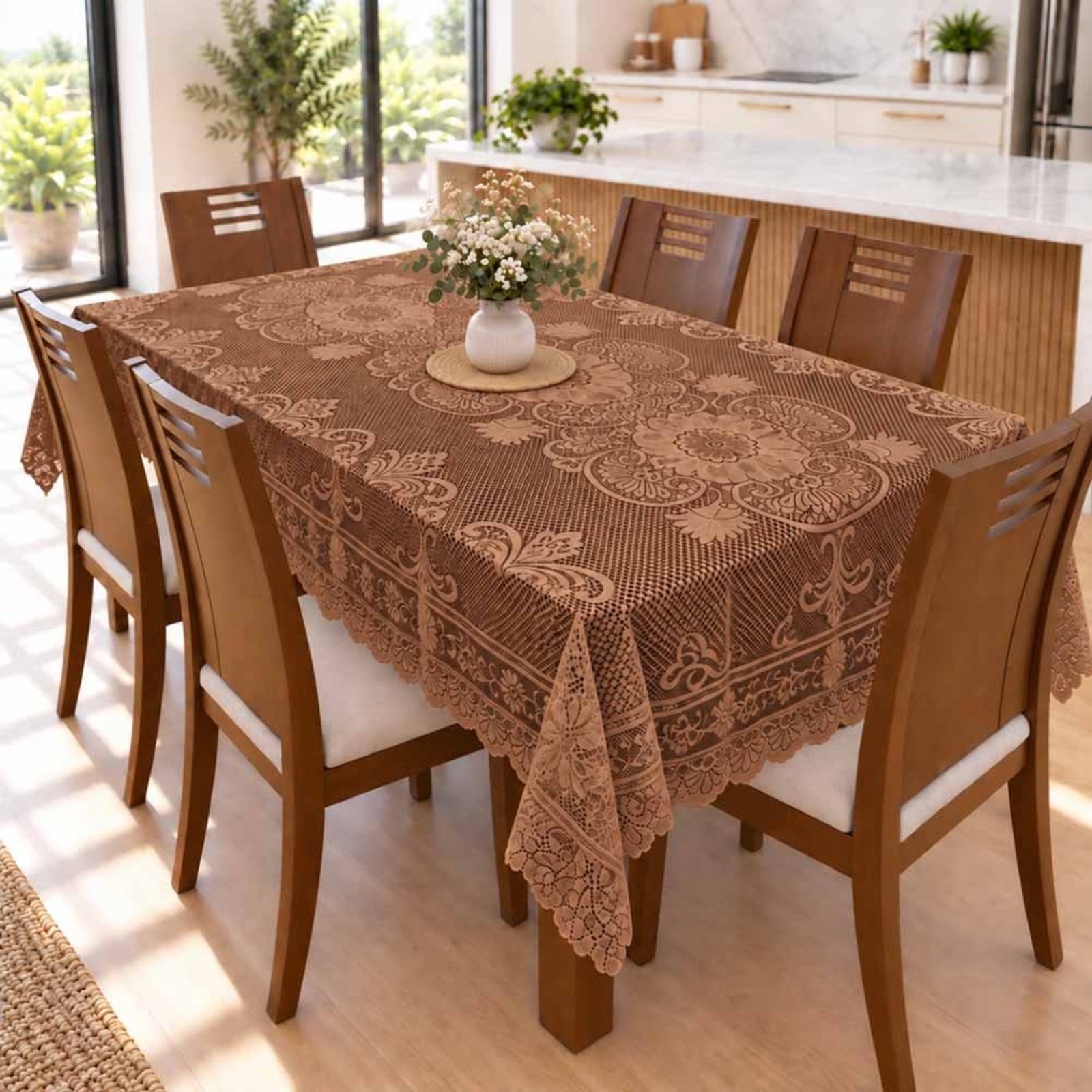 Toalha De Mesa Renda 1,50m x 2,30m Para Mesa 6 Lugares Fácil de Limpar Marrom