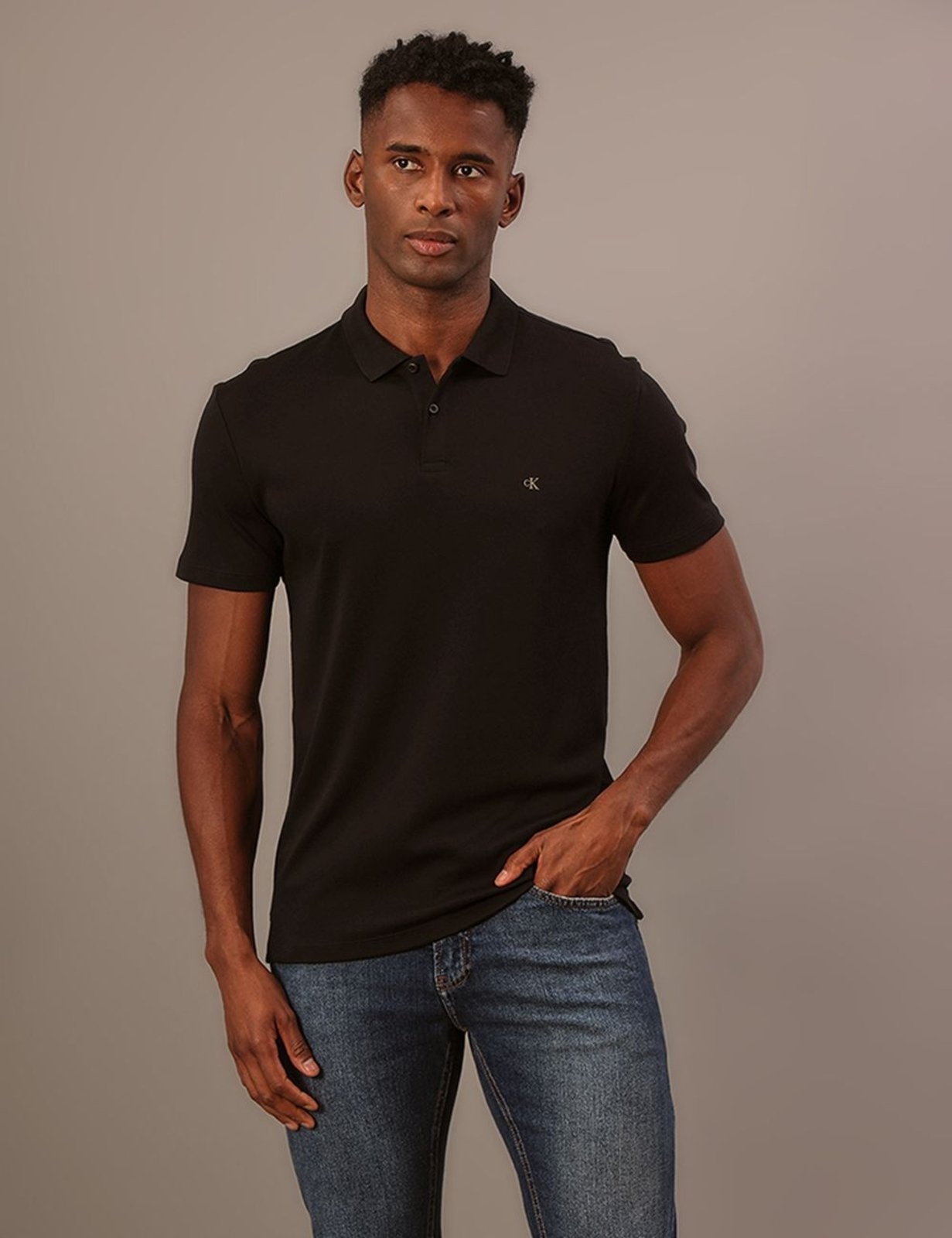 Polo Manga Curta Calvin Klein Jeans Masculino Slim Meia Malha Pima - Preto Calvin Klein Jeans