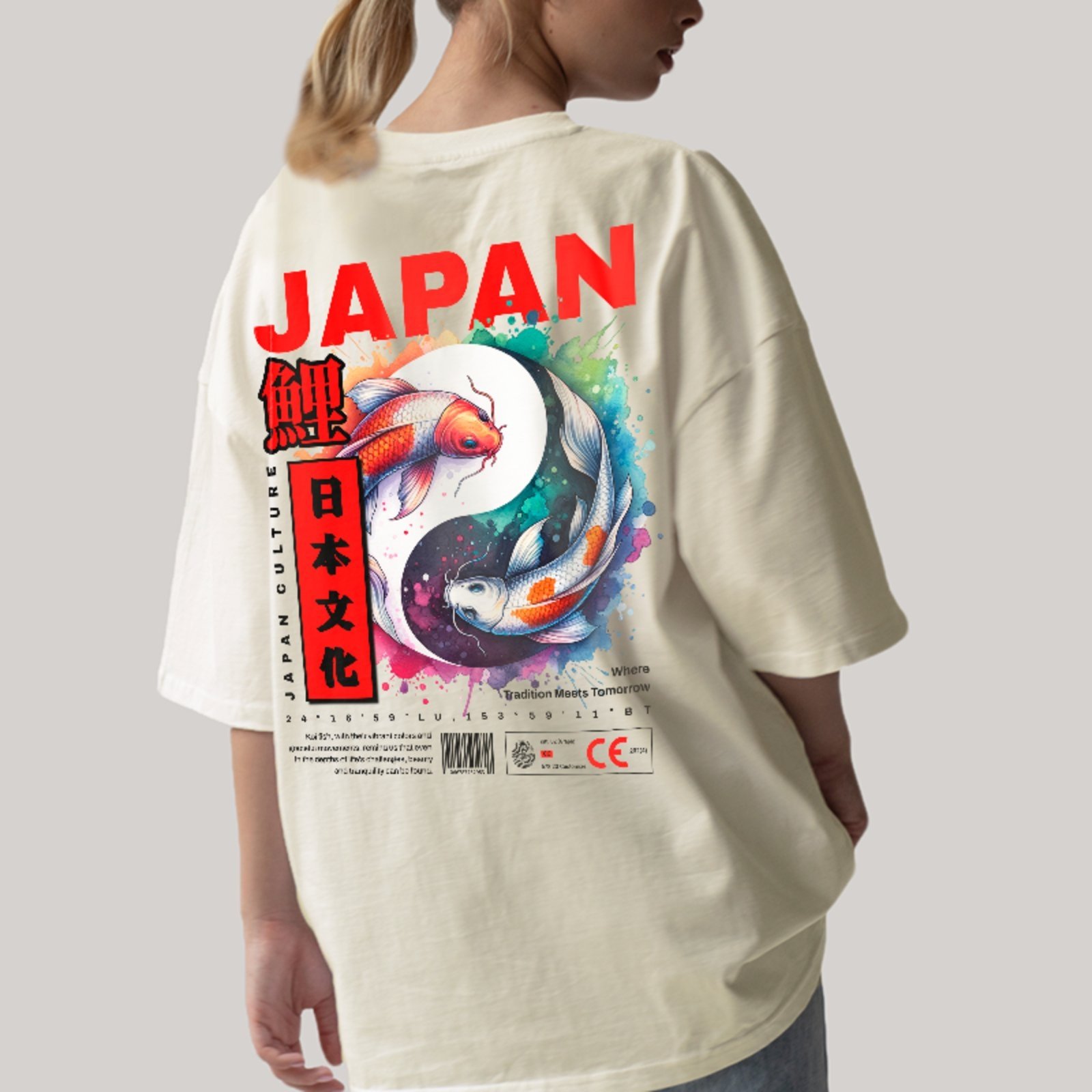 Camiseta Oversized Premium Japão Carpas Koi Arte Japonesa Unissex Off White