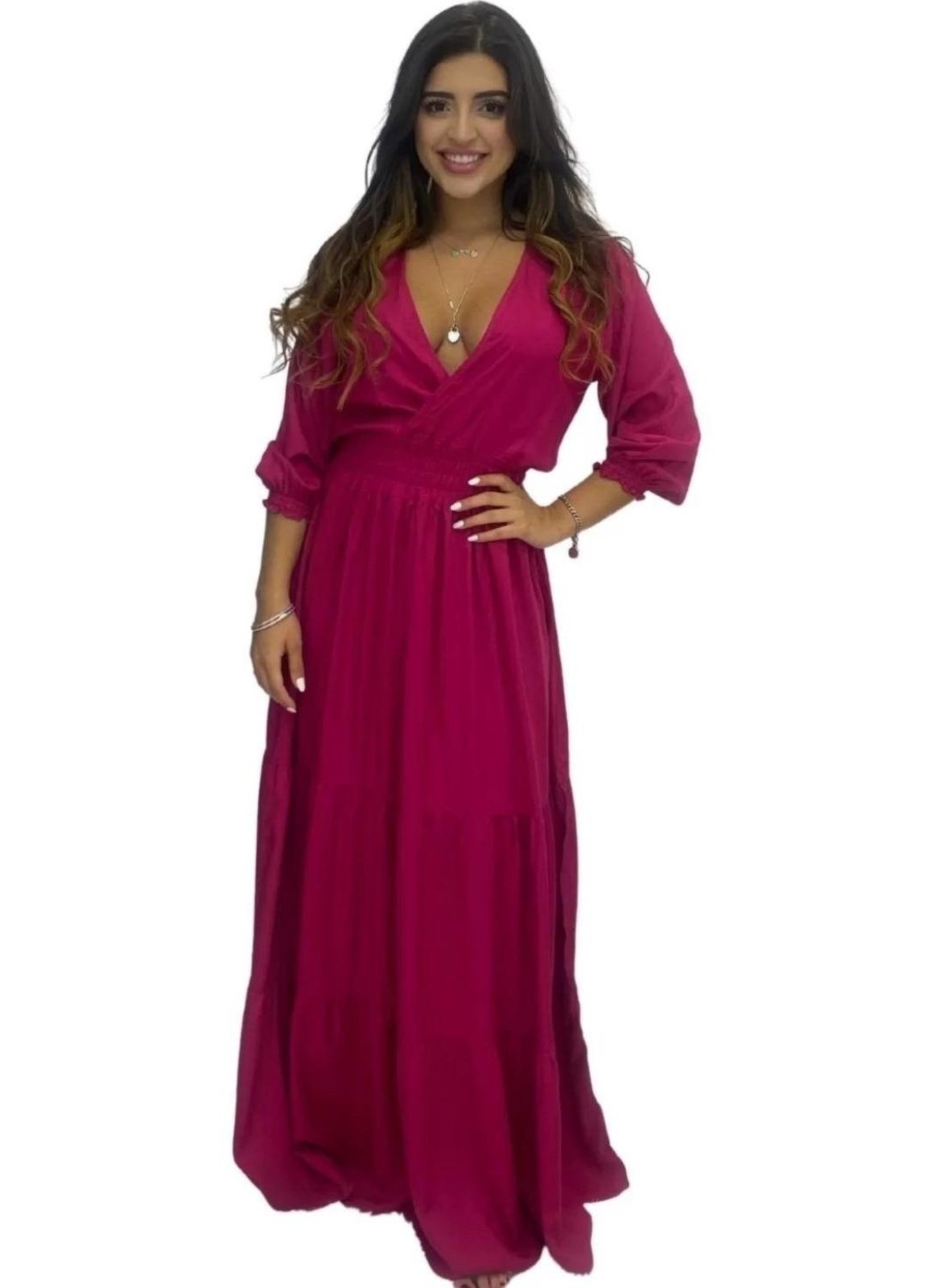 Vestido de Inverno Longo Transpasse Lastex Viscose Pink