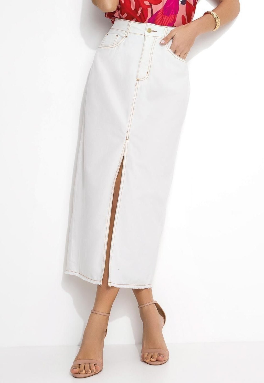Saia Com Bolsos E Fenda Off White Quintess