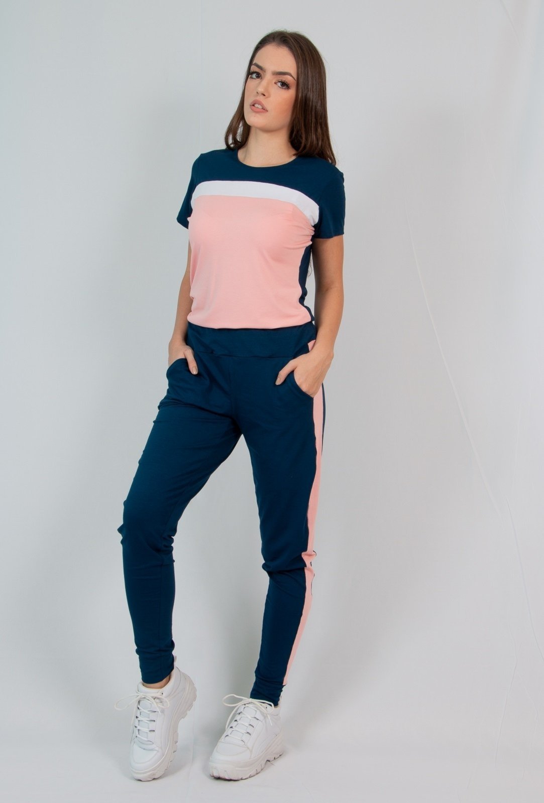Conjunto Viscolycra Calça e Blusa Maria Paes Azul Marinho Rosa e Branco