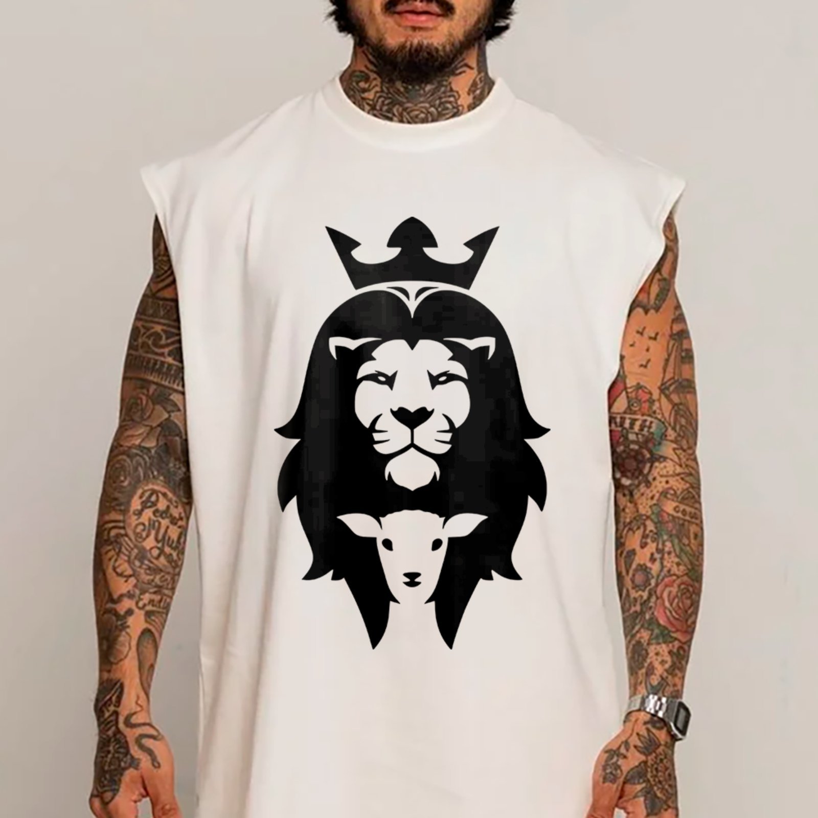 Camiseta Regata Machão Gospel Leão de Judá Coroa Cordeiro Fé Cristã Branco
