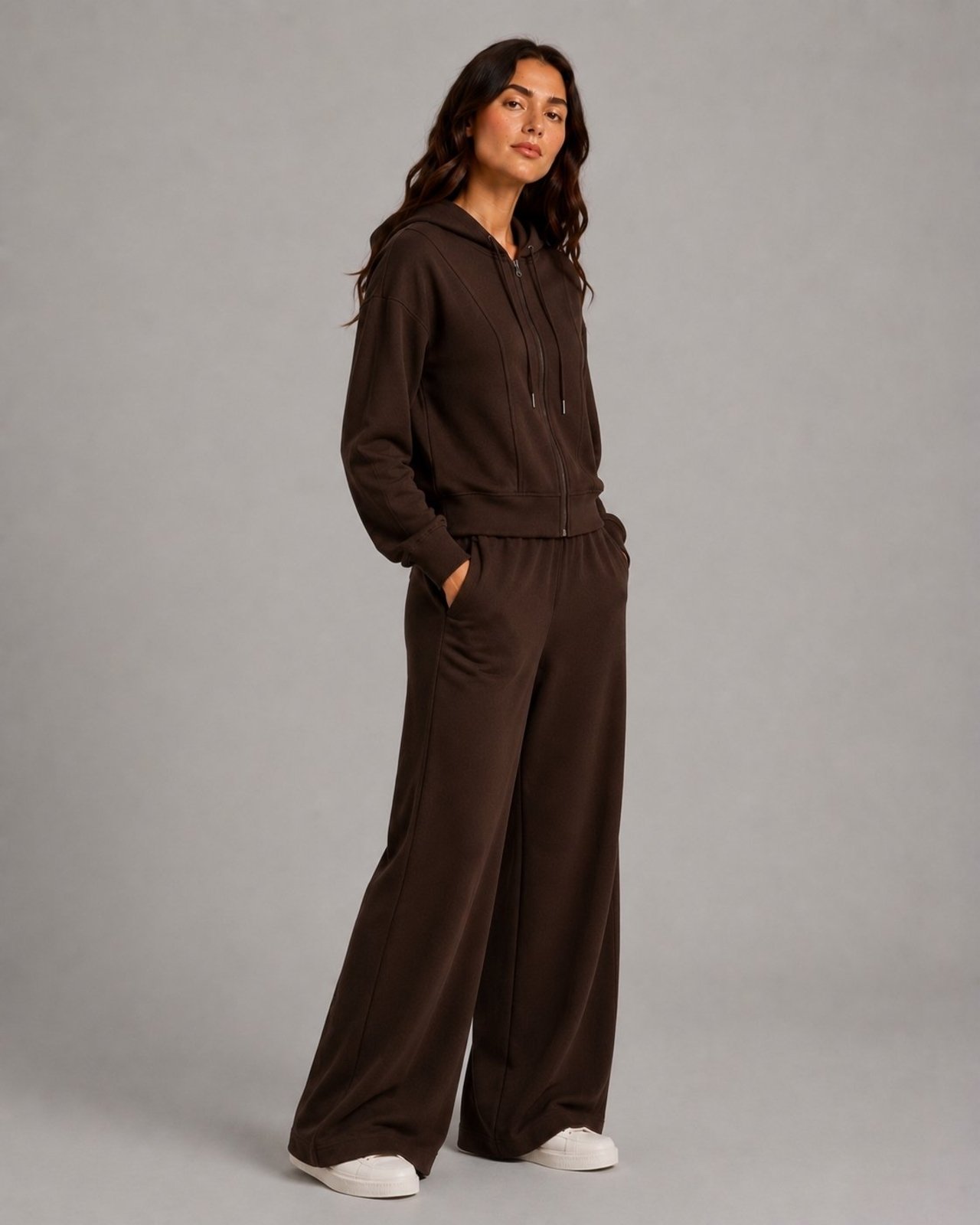 Conjunto Moletom Premium com Capuz e Calça Wide Leg Salvatore Marrom