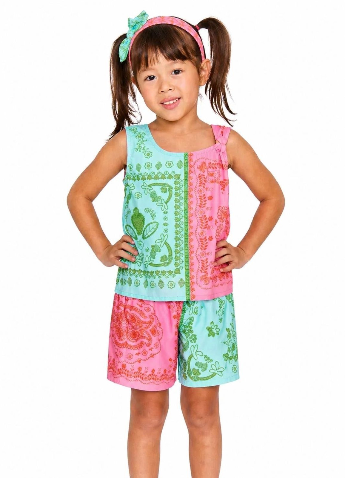 Infantil - Conjunto Regata e Shorts Estampa Lenço Tropical Rosa