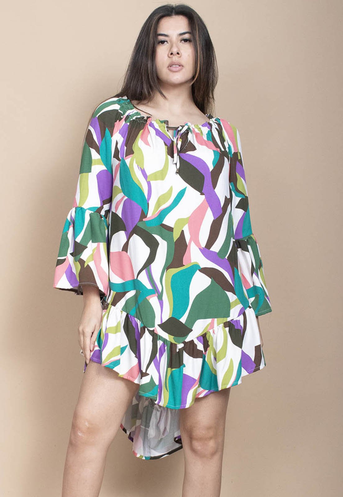 Vestido Curto Cabanafree Viscose Com Babados Estampa Encanto Botãnico