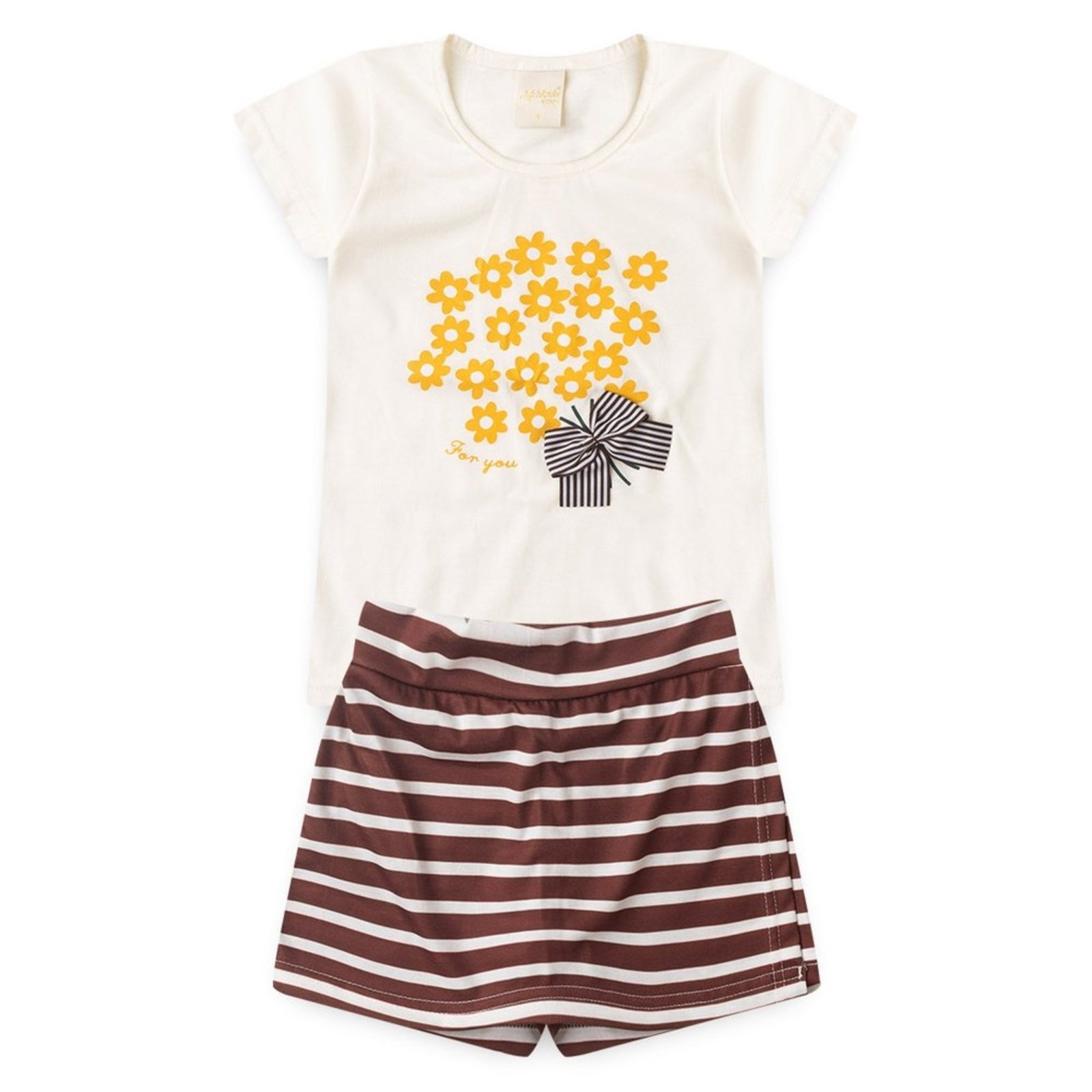 Vista 3 Infantil - Conjunto Verão Menina Natural Blusa Com Laço e Shorts Saia Flores e Listras Molekada bege natural Molekada bege natural