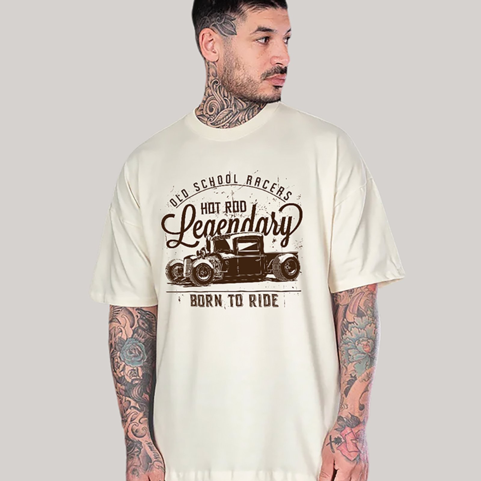 Vista 2 Camiseta Ousy Unissex Streetwear Old School Racers Hot Rod Born To Ride Visual Oversized Off White off-white white ousy off-white white
