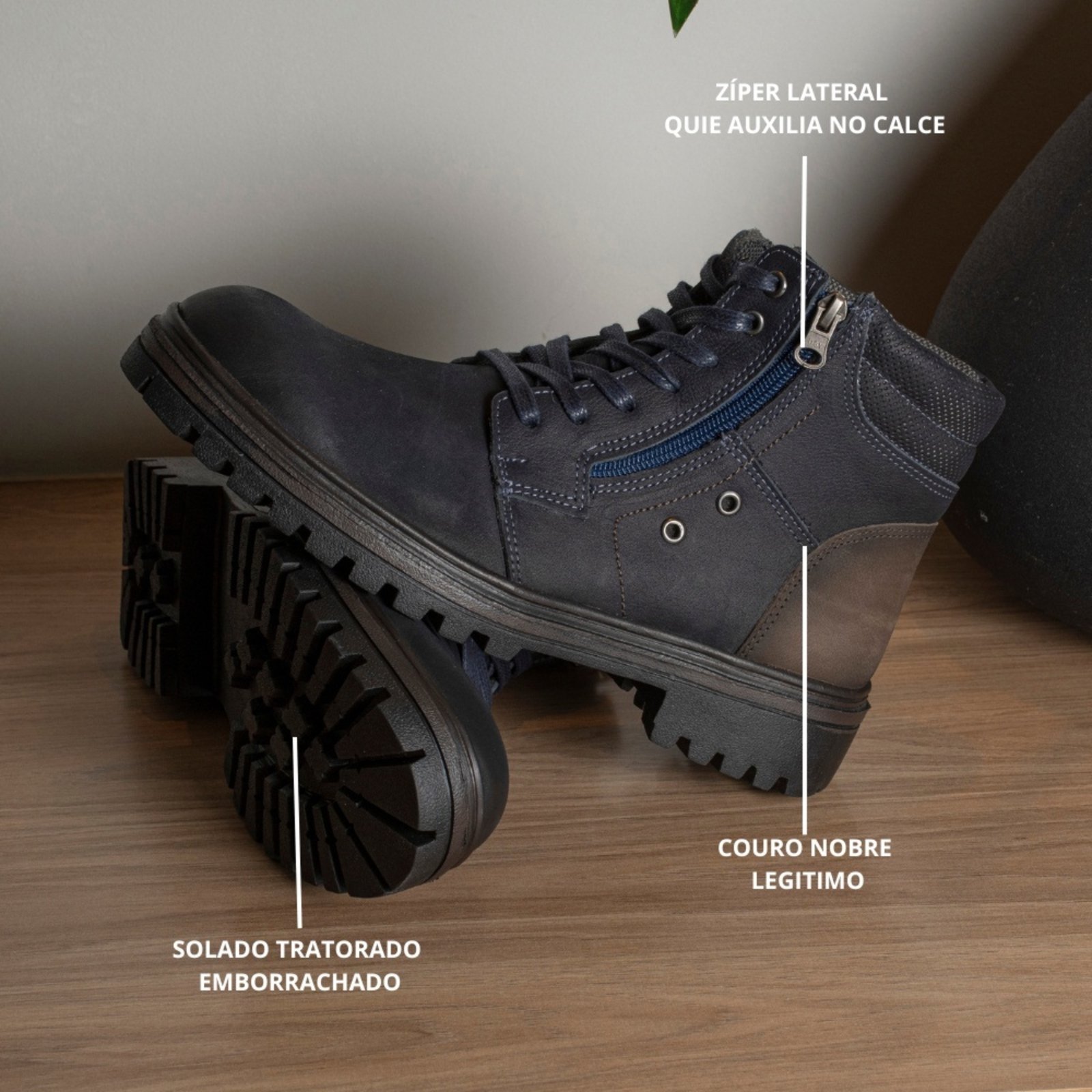 Vista 3 Coturno Adventure Bota Couro Masculino Solado Tratorado Cano Espumado Marinho super shoes azul marinho super shoes azul marinho