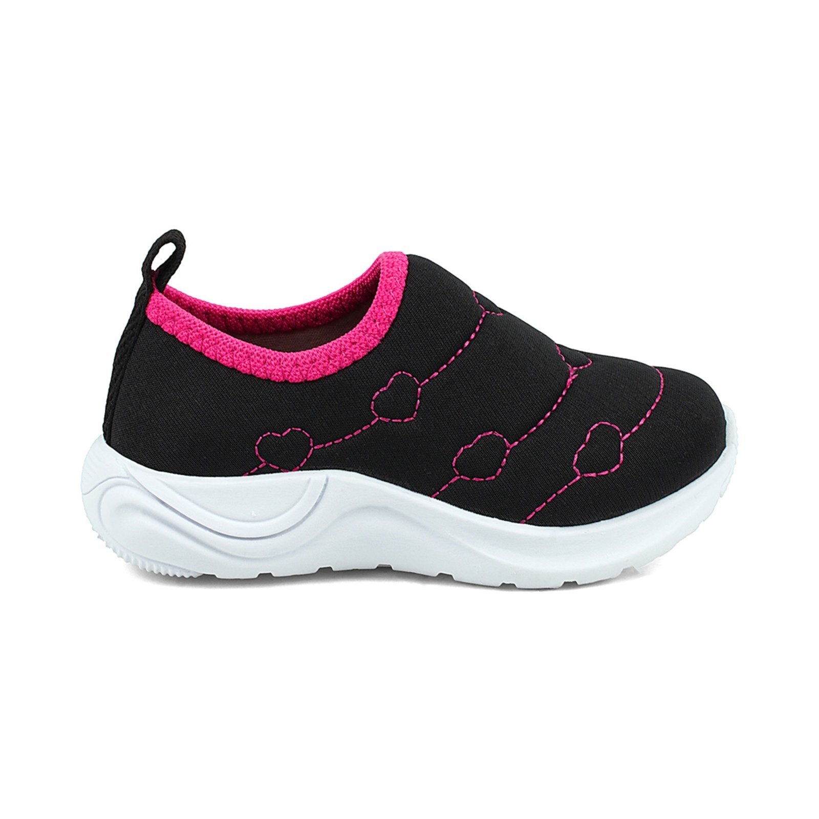 Infantil – Tênis Calce Fácil Menina Feminino Bordado Corações Rosa e Preto Lulopé