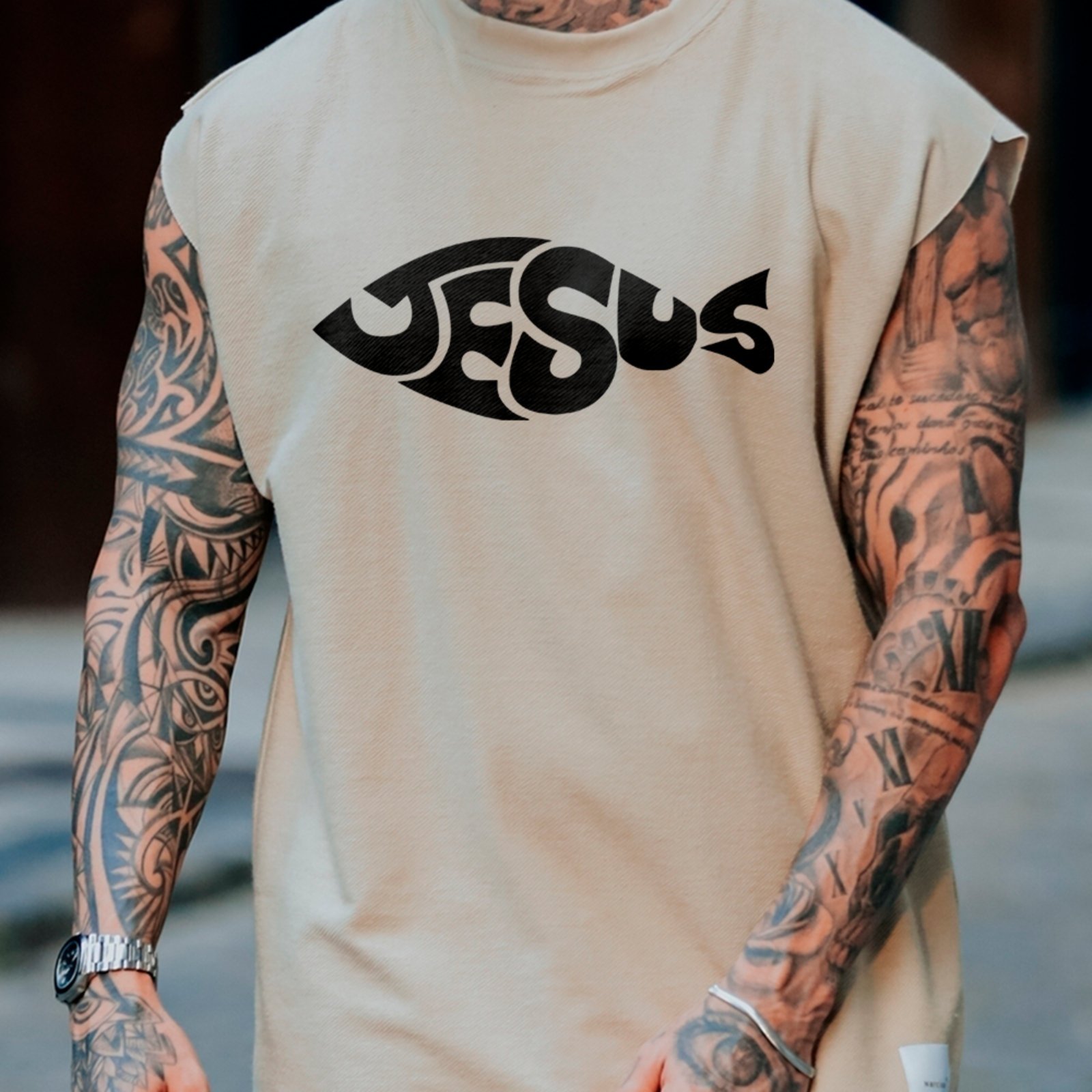Camiseta Regata Machão Religiosa Jesus Fish Ichthys Faith Style Off White