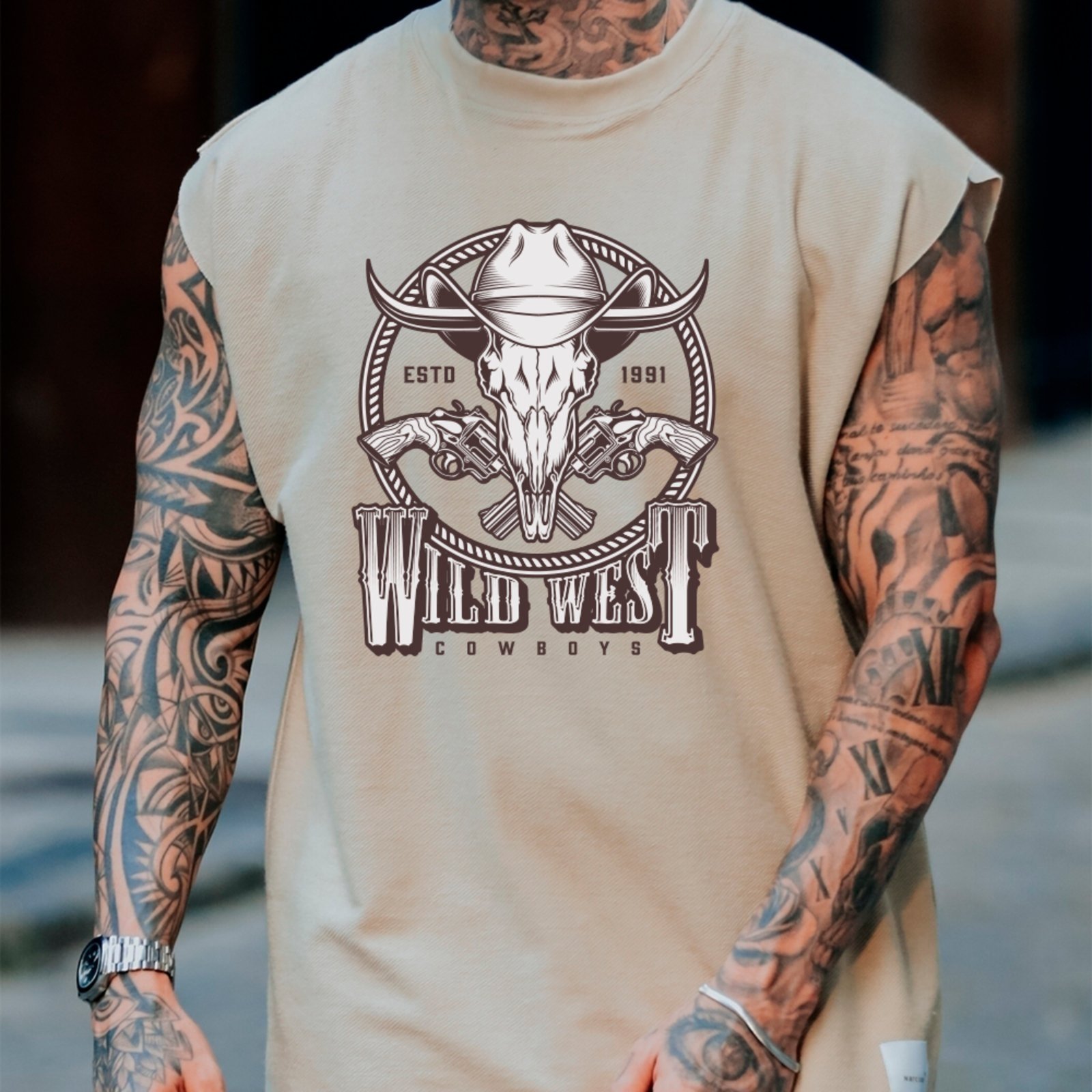 Camiseta Regata Machão Country Wild West Cowboys Estd 1991 Masculina Off White