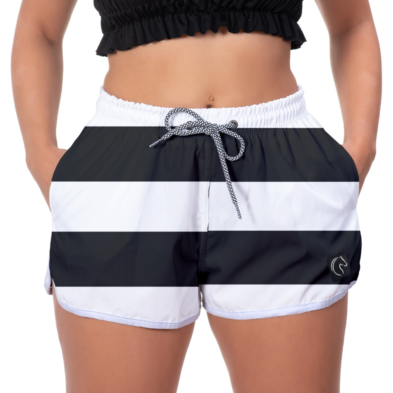 Short Feminino W2 Premium com Elástico e Cordão Ajustável Bolsos Laterais e Secagem Rápida Casual Praia ou Academia Faixas Preto e Branco