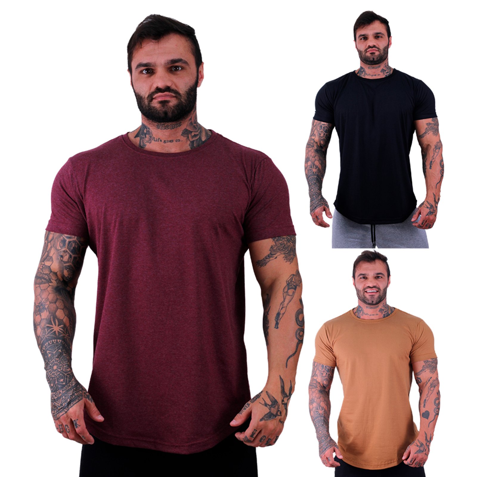 Kit 3 Camiseta Longline Masculina MXD Conceito para Academia e Casual Slim Preto, Mescla Bordô e Caramelo