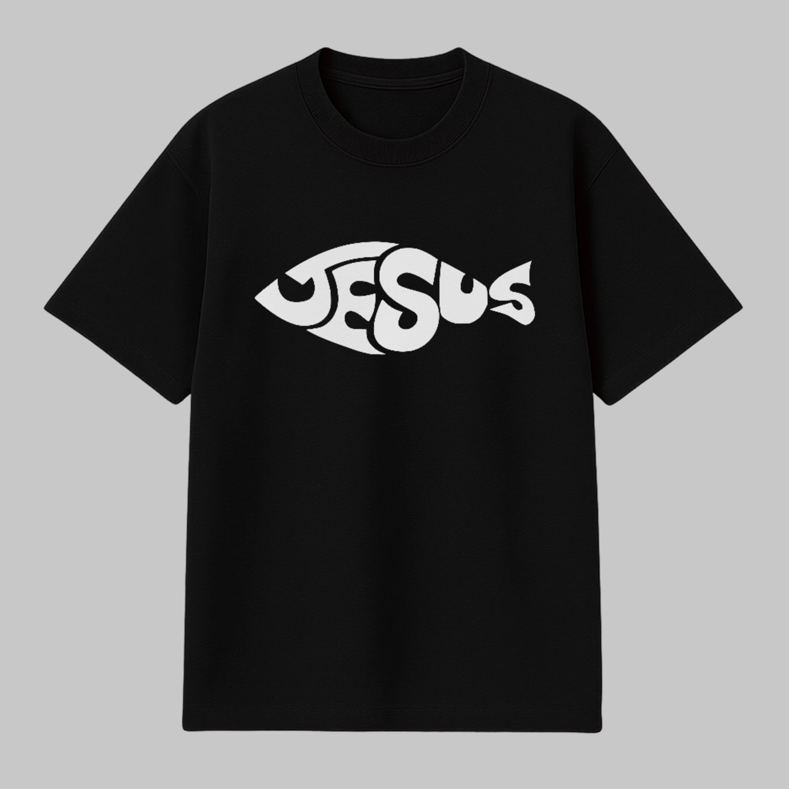 Camiseta Básica Jesus Peixe Cristão Símbolo Fé Minimalista Preto