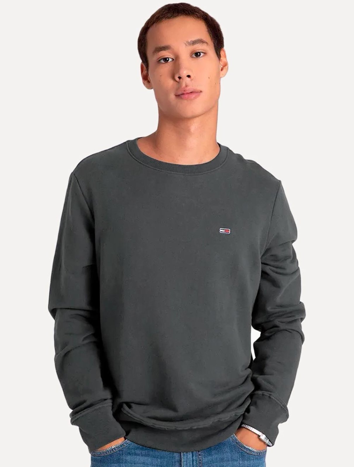 Moletom Tommy Jeans Masculino Fleece Flag Crewneck Chumbo