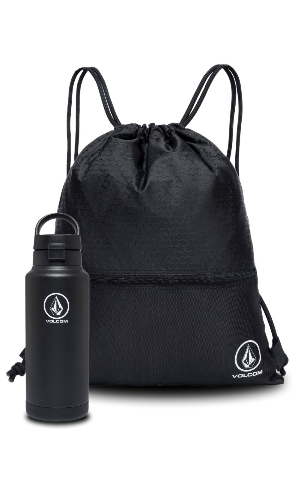 Kit Mochila Saco Passeio Reforçada Garrafa Preta Aço Inox 1L Volcom