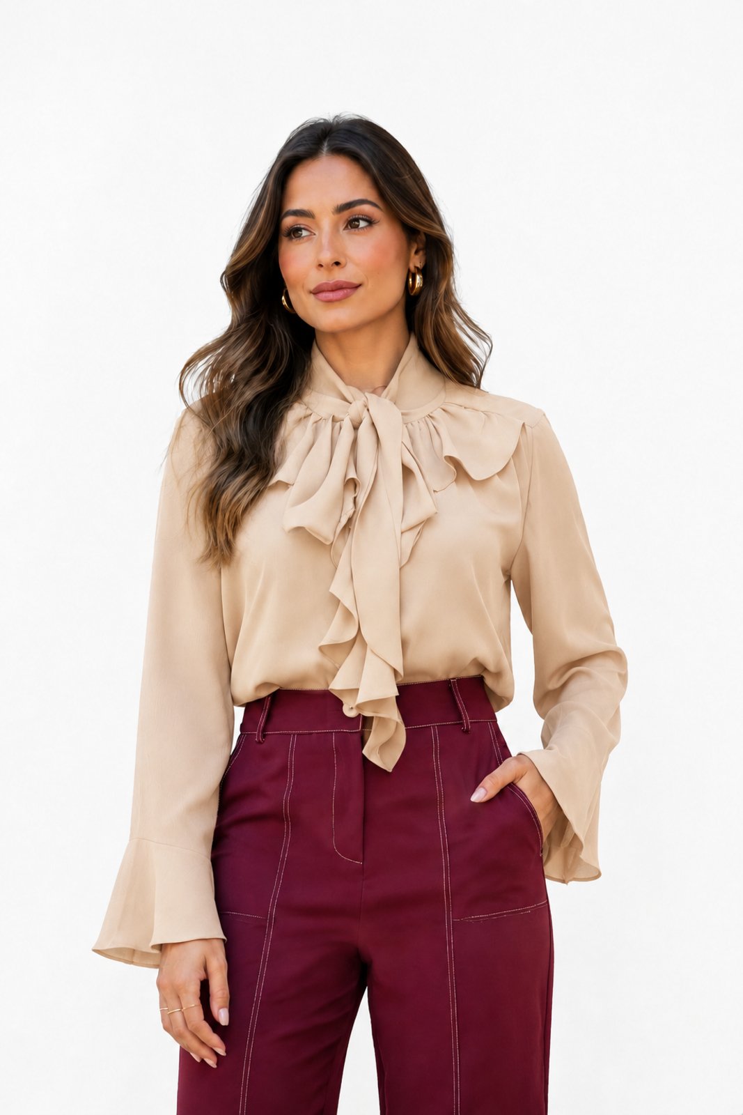 Blusa Feminina D Bell Outlet Fashion Romântica Chiffon Bege