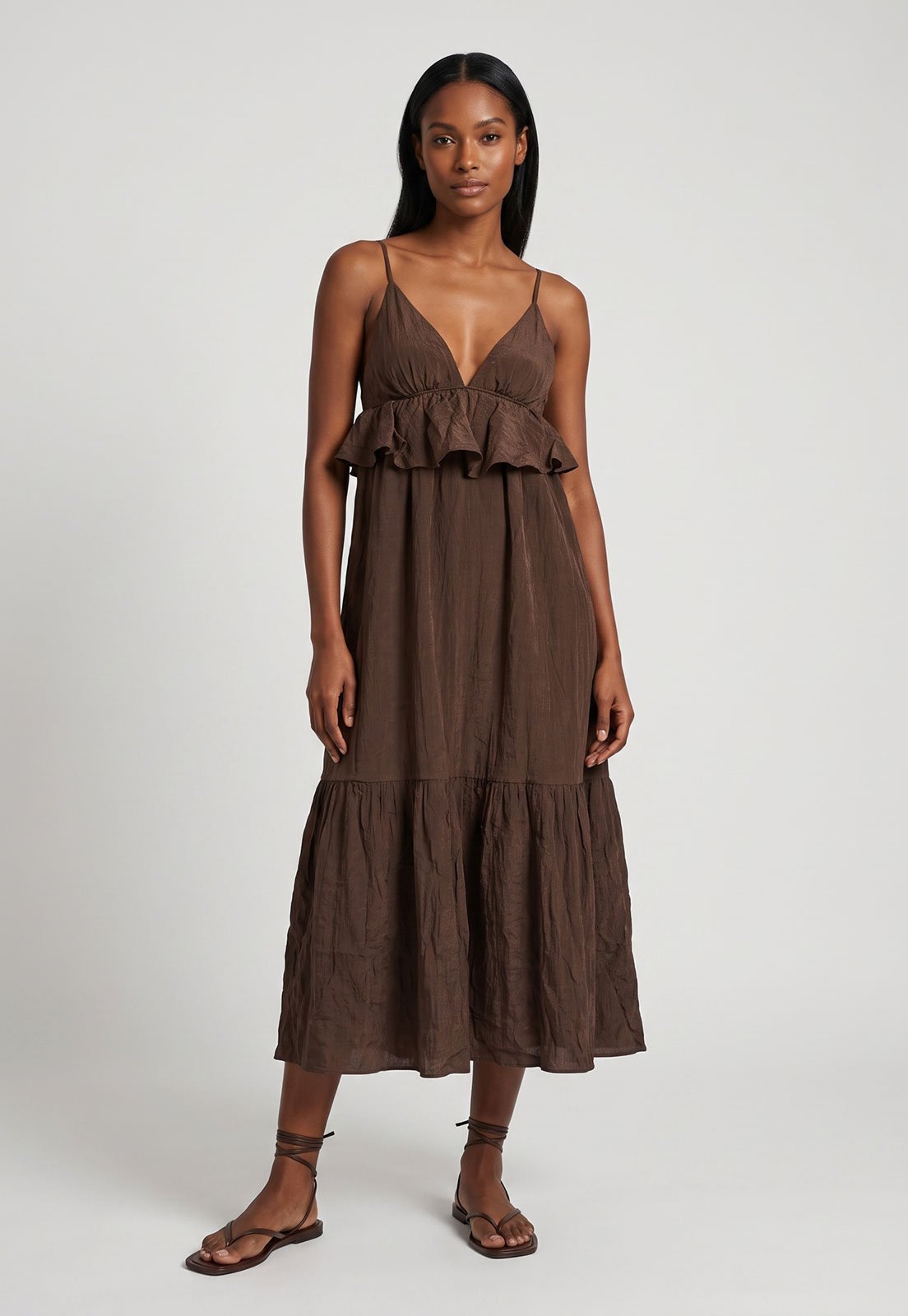 Vestido Feminino FARM Midi Alças Finas Marrom