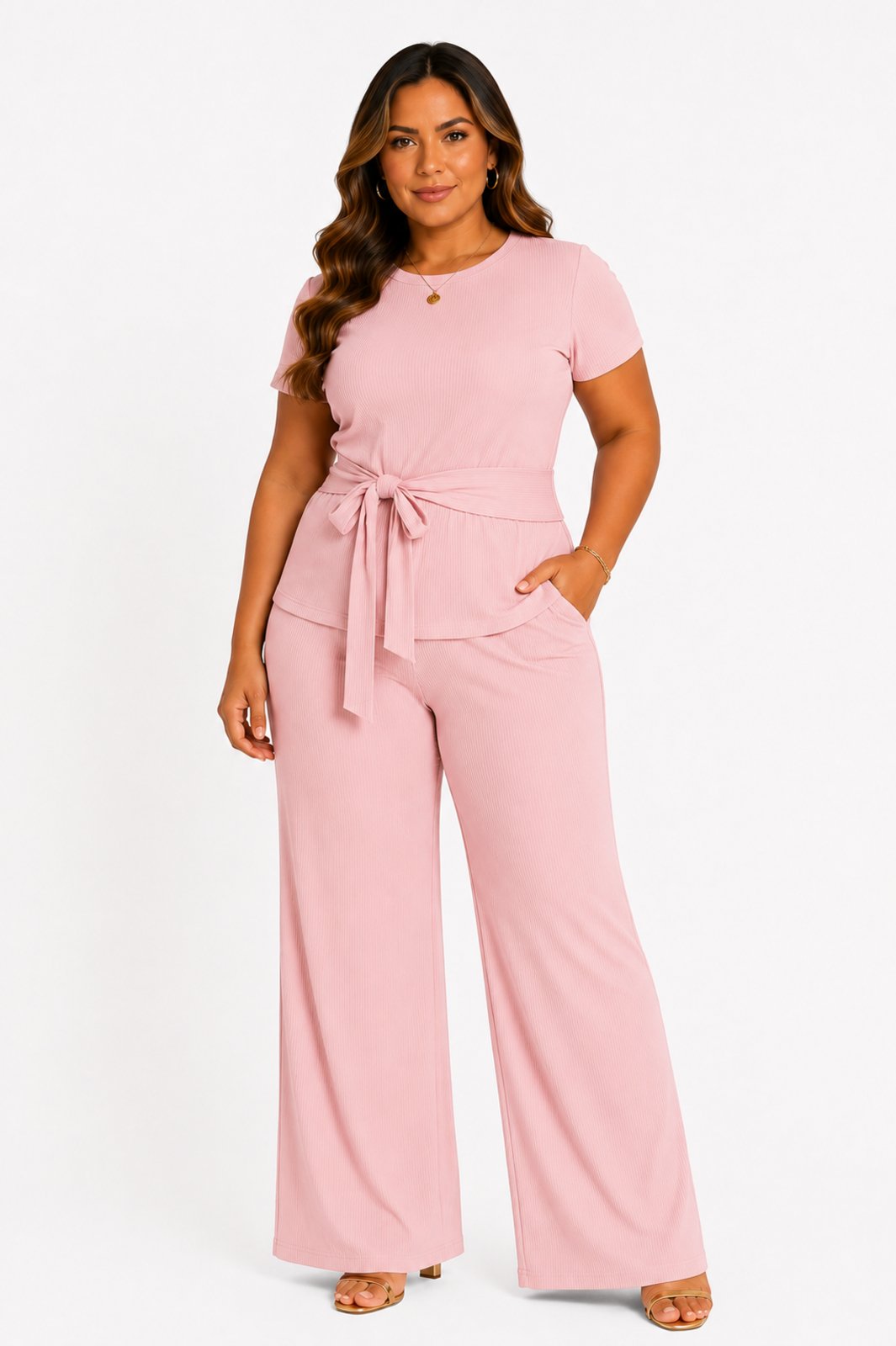 Conjunto Plus Size D Bell Outlet Fashion Canelado Premium Faixa Rosa