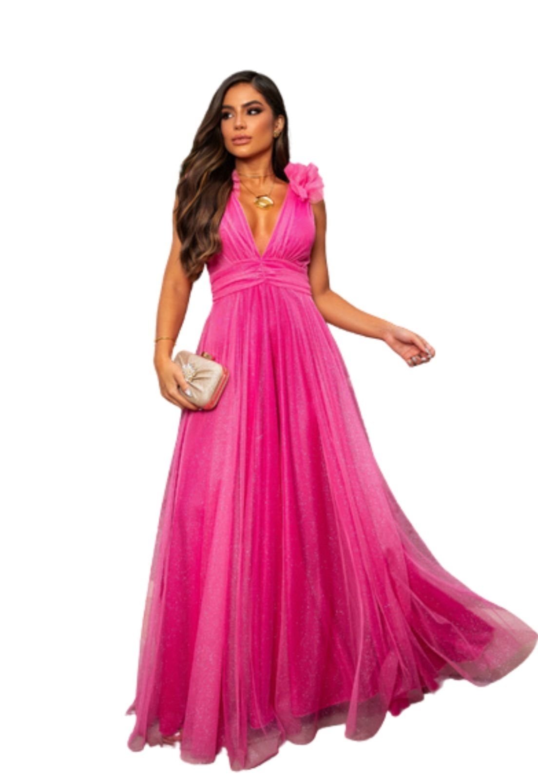 Vestido Longo de Festa Madrinhas com decote em V Detalhes nos Ombros Gylane Rosa Chiclete