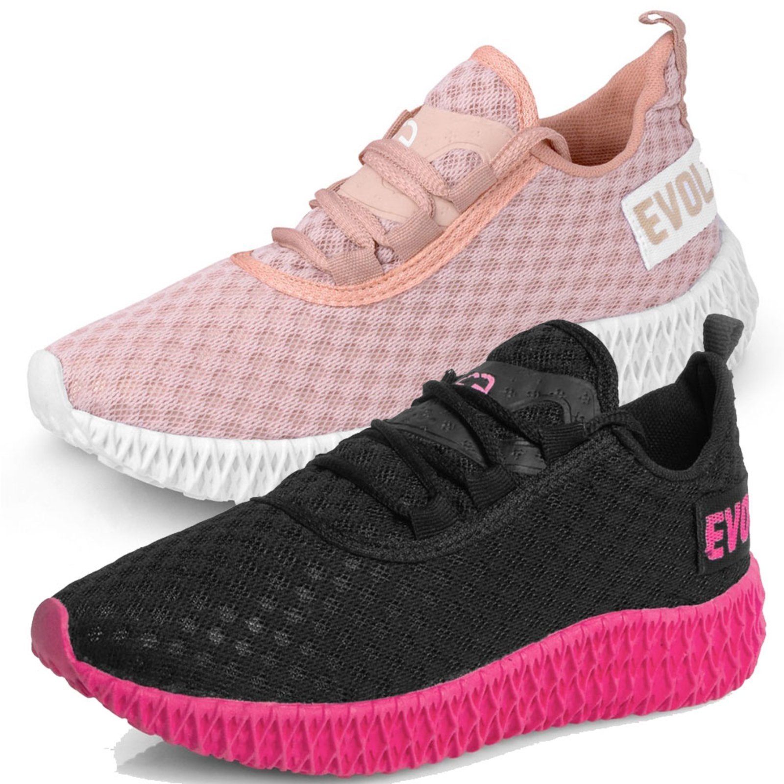 Kit 2 Tênis Boost Feminino Evoltenn Esportivo Colmeia Nude e Preto Rosa
