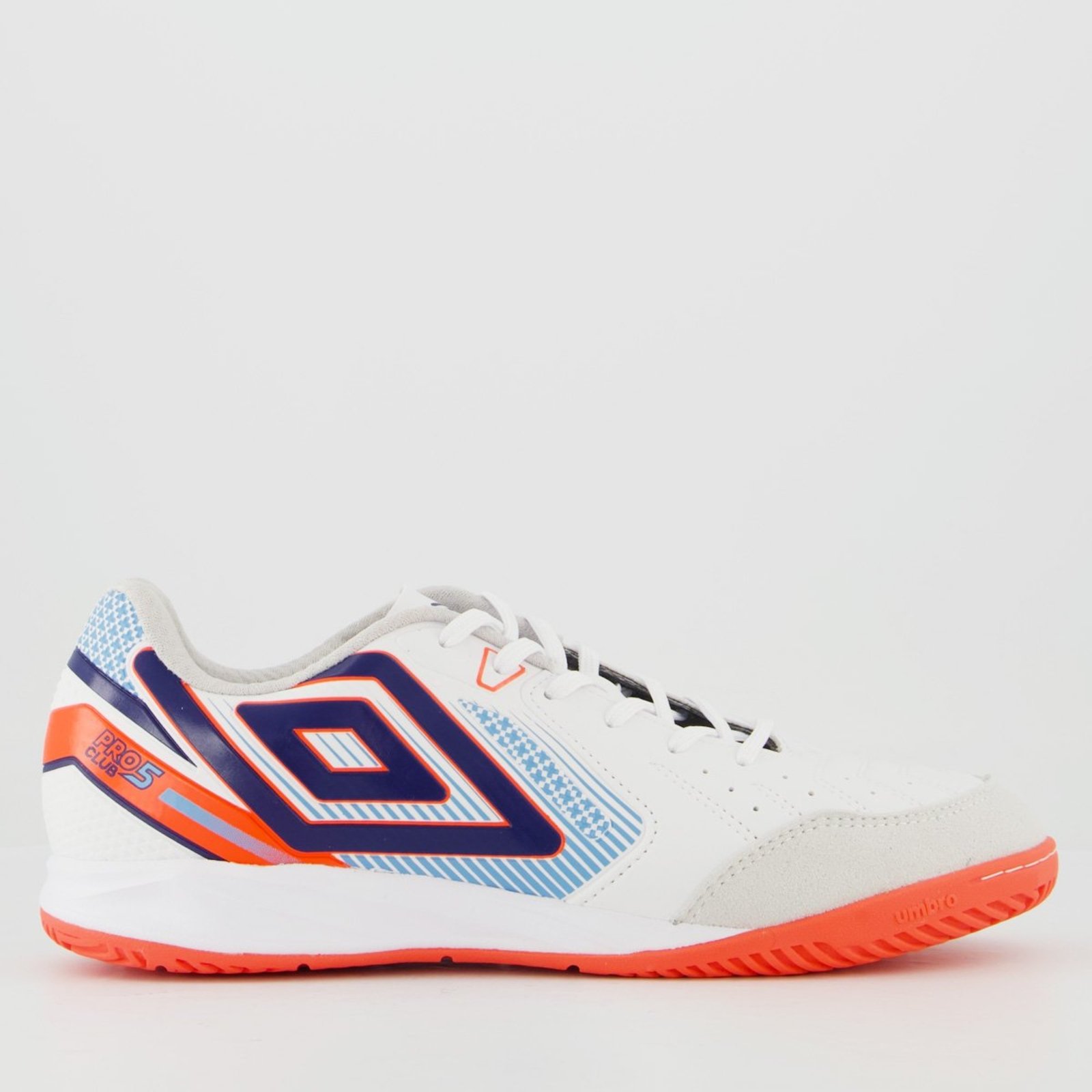 Chuteira Umbro Pro 5 Bump Club II Futsal Branca e Laranja