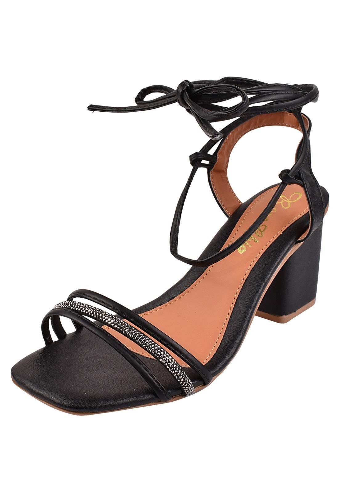 Sandália Feminina Salto Baixo 5cm Bloco Amarração Strass Brilho Bico Quadrado Amarração