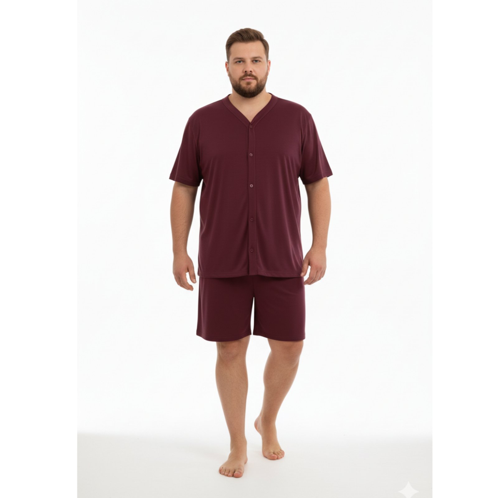 Pijama Americano Curto Masculino Aberto Plus Size Adulto Verão Calor Malha Fria Manga Curta G1 G2 G3 G4 48 50 52 54 Conforto Botão Abotoado Homen Mechler Vinho