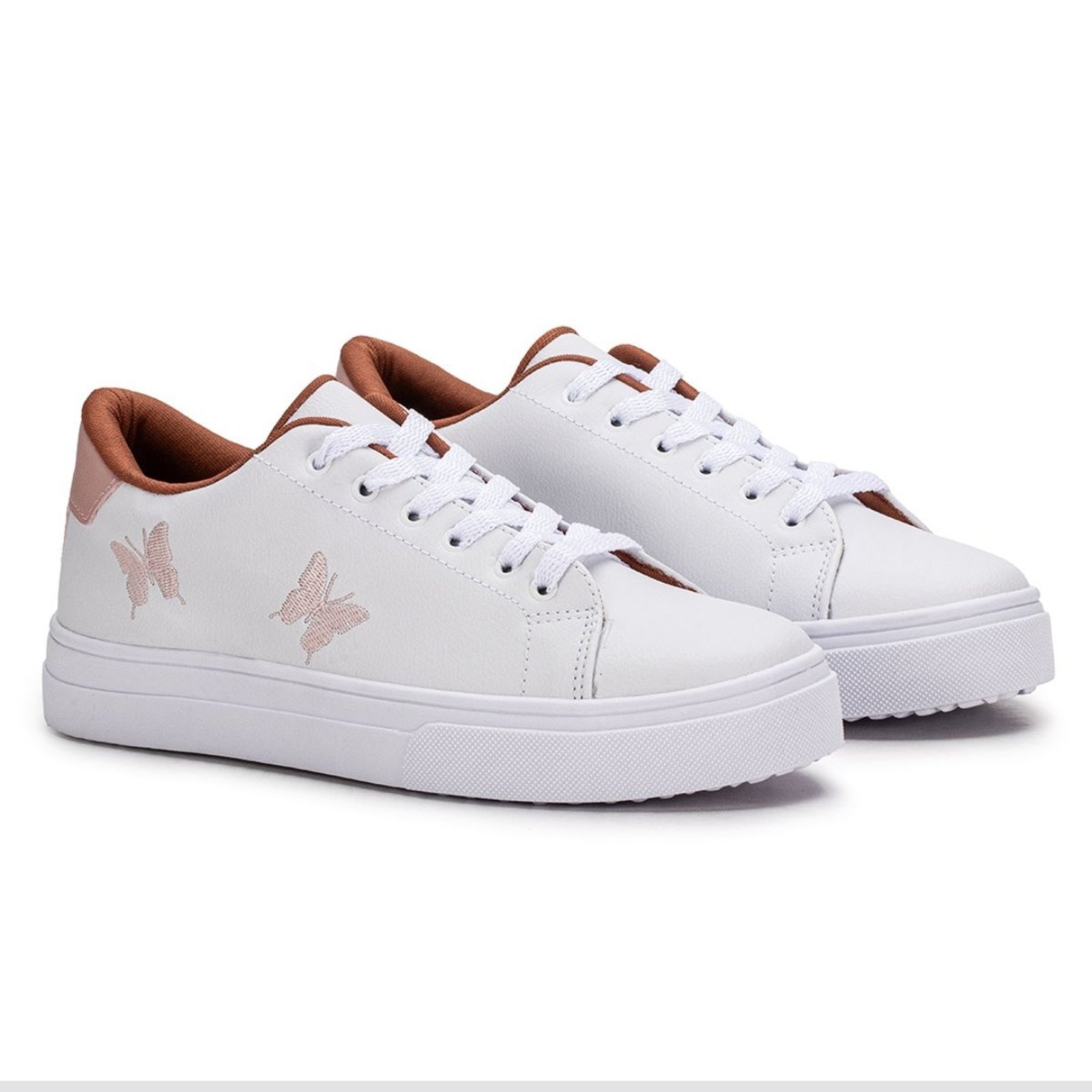 Tenis Feminino Casual Branco Rosa Borboleta Confortável Estilo Shoes