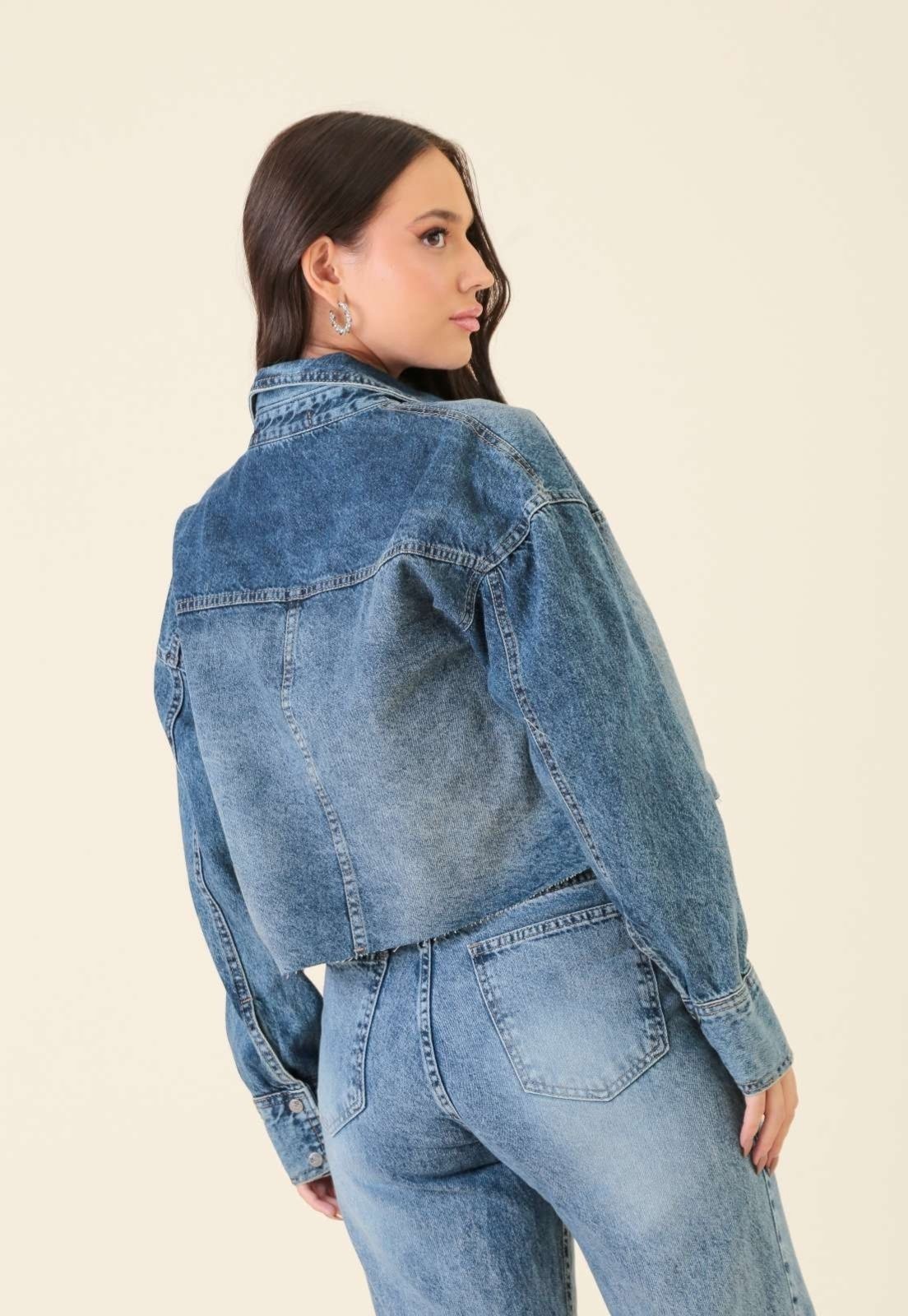 Vista 3 Jaqueta Jeans Pop Me Com Recortes E Bolso azul azul