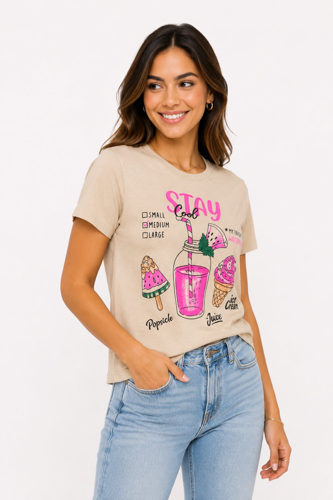 Camiseta Feminina D Bell Outlet Fashion Estampada Stay Cool Bege