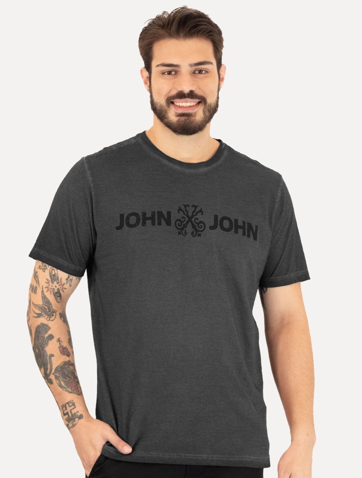 Camiseta John John Masculina JJ Basic Logo Stone Cinza Escuro