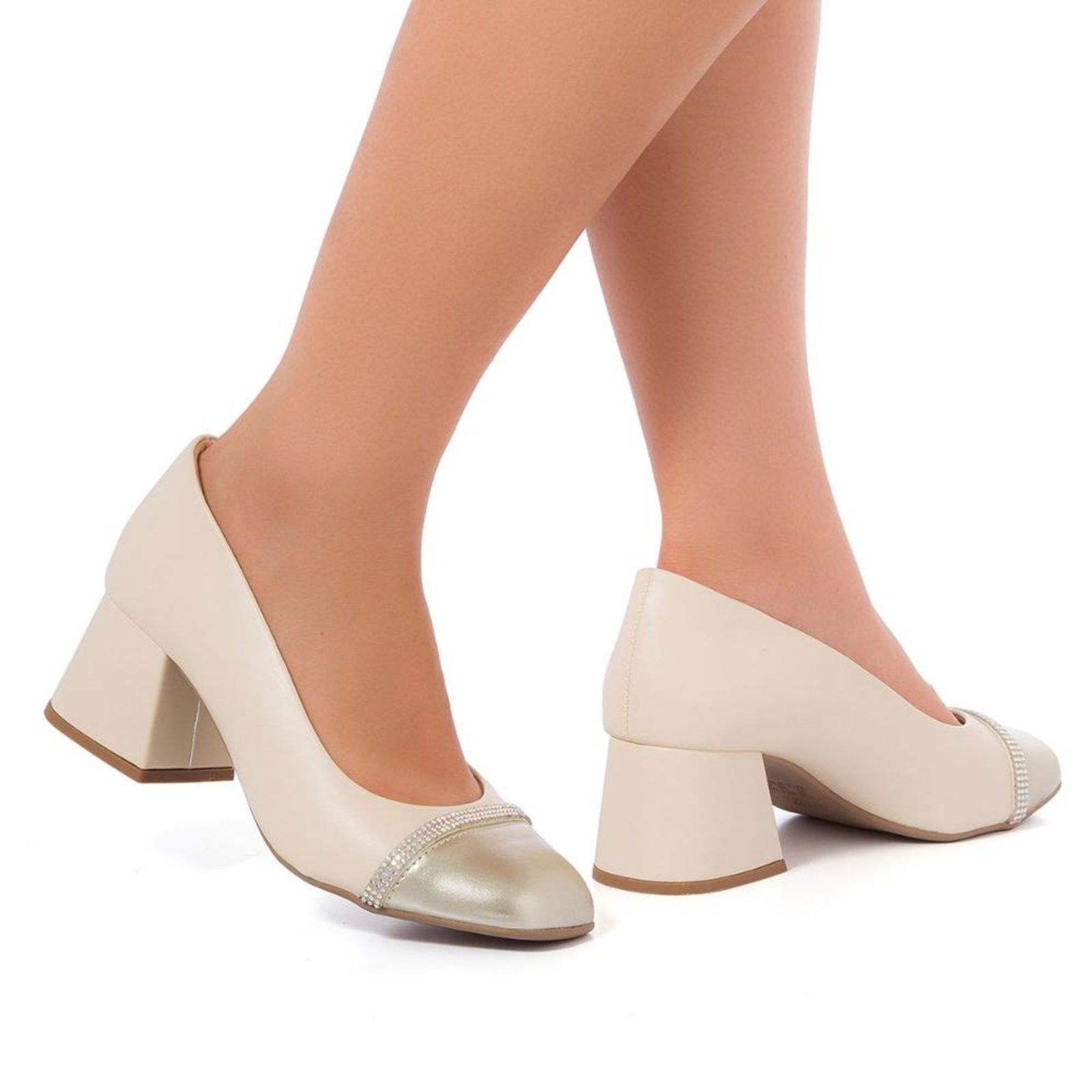 Vista 3 Scarpin Sapato Boneca Salto Grosso Bico Quadrado Strass Off White Stessy Shoes off-white white Stessy Shoes off-white white