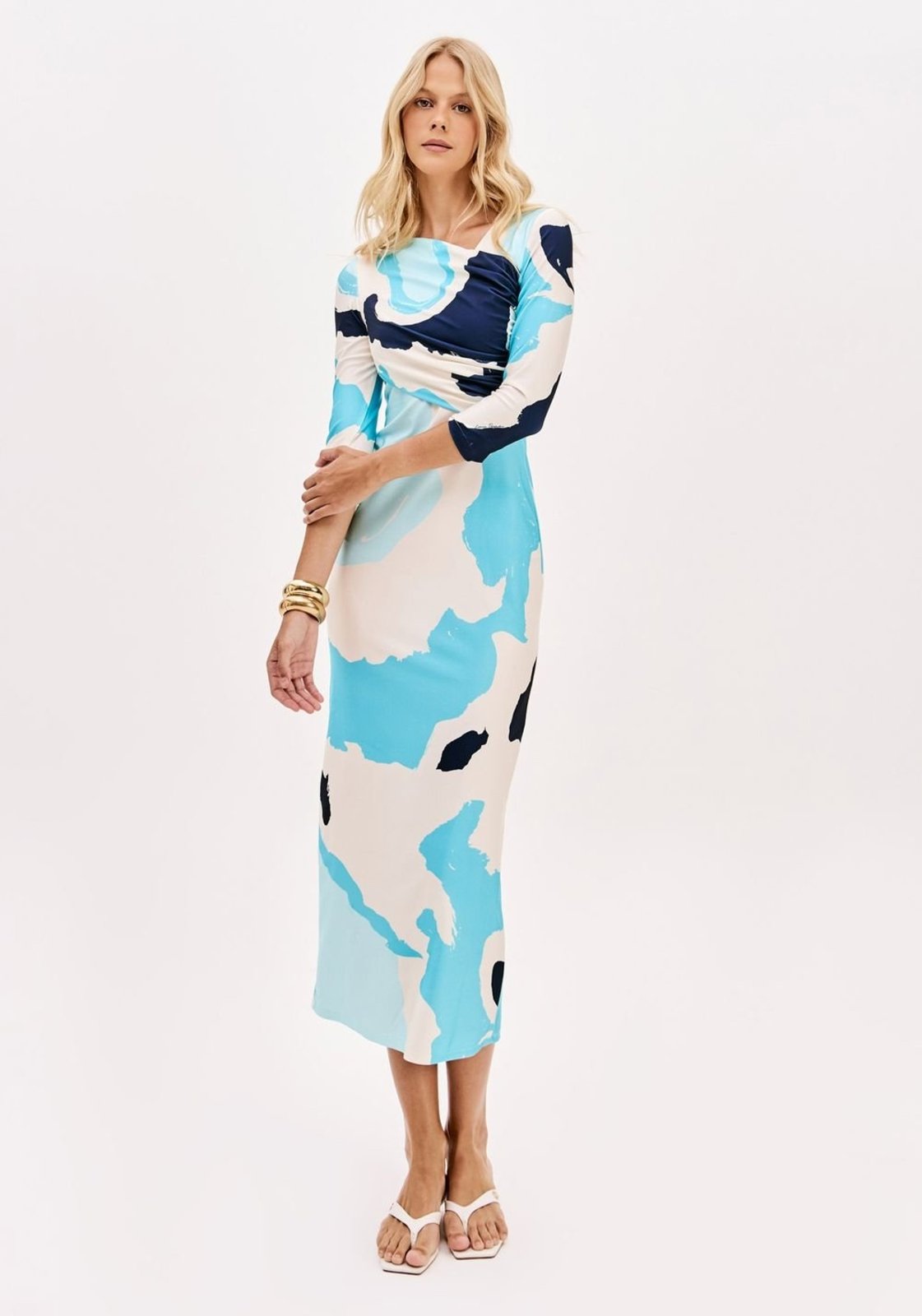 Vestido Super Midi Estampado Mangas Médias Lança Perfume