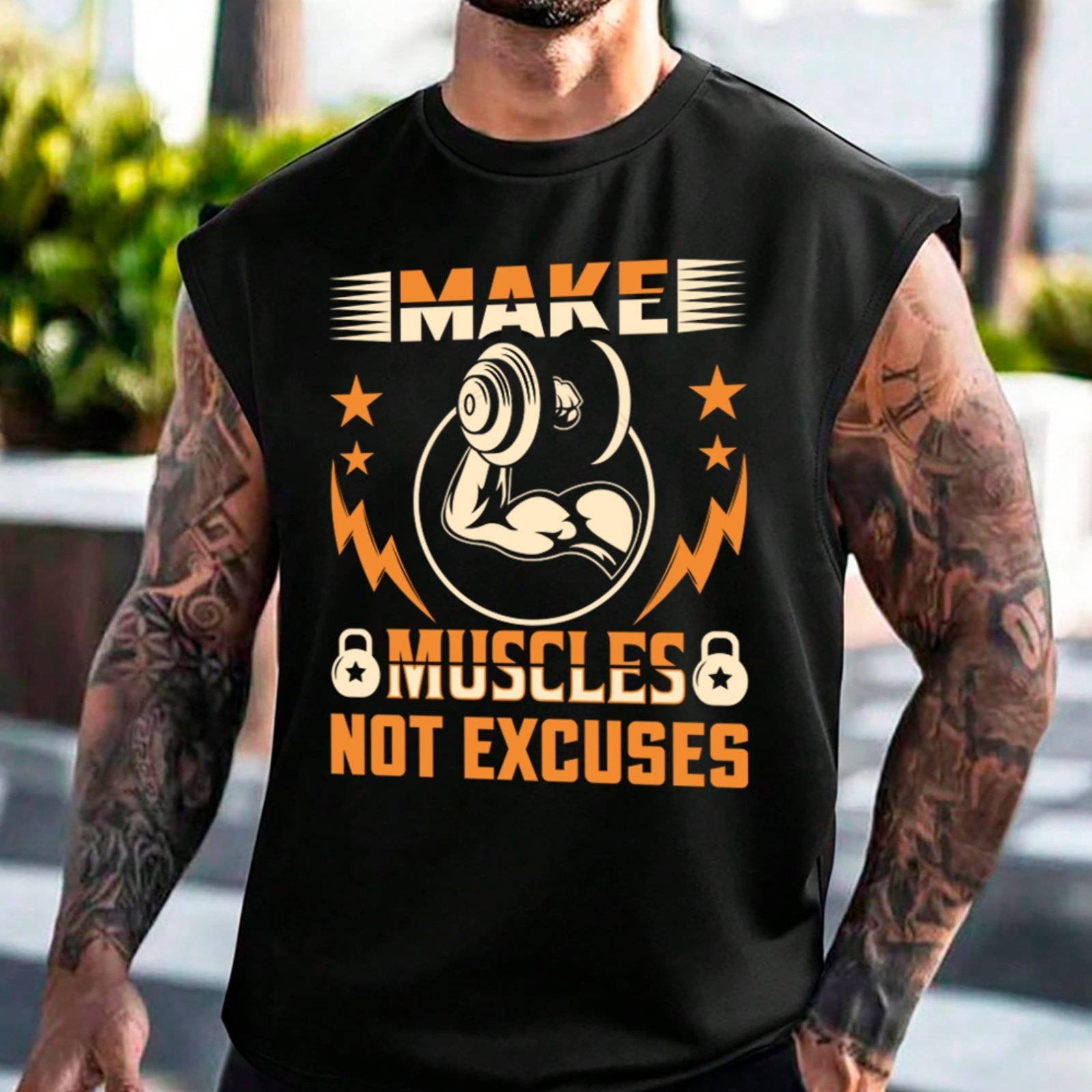 Camiseta Regata Machão Ousy Make Muscles Not Excuses Academia Oversized Masculina Preto