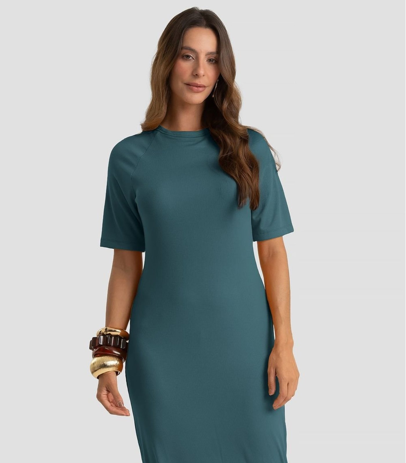 Vestido Midi Em Ribana Viscose Manga Raglan Dianna Verde