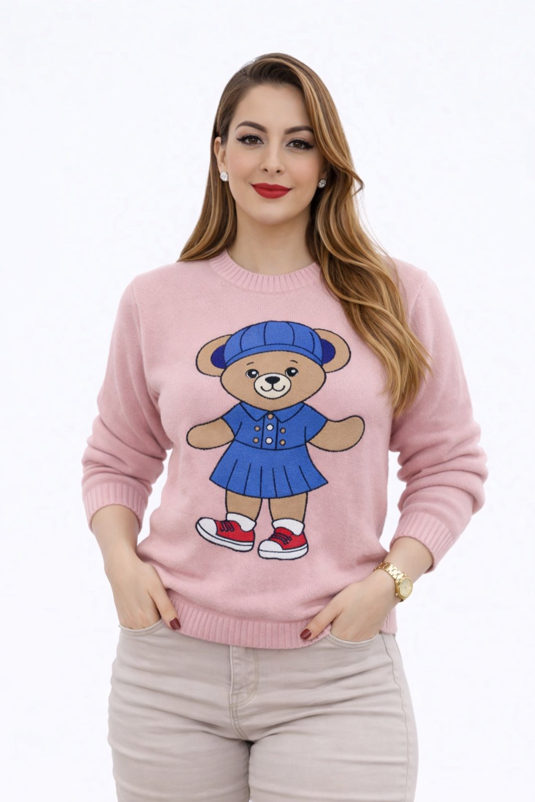 Suéter Tricôt D Bell Outlet Fashion Estampa Urso Rosa