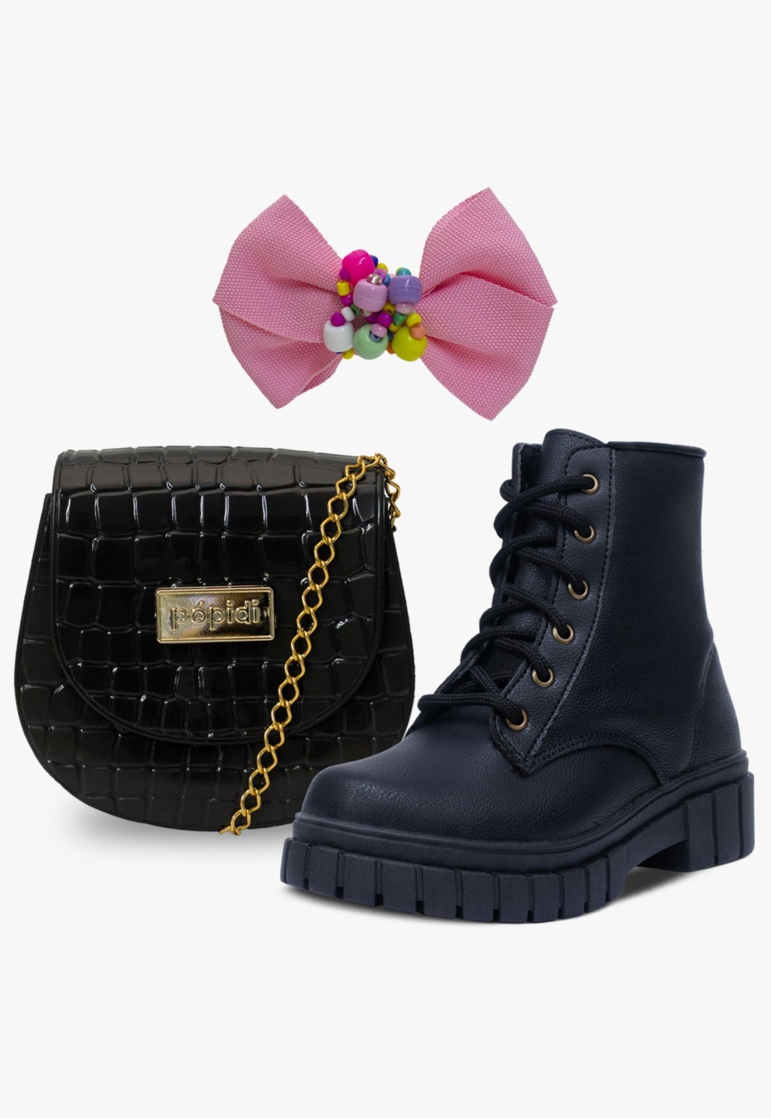 Vista 2 Infantil - Kit Bolsa Presilha e Bota Coturno Tratorado Pópidi Menina preto Pópidí preto