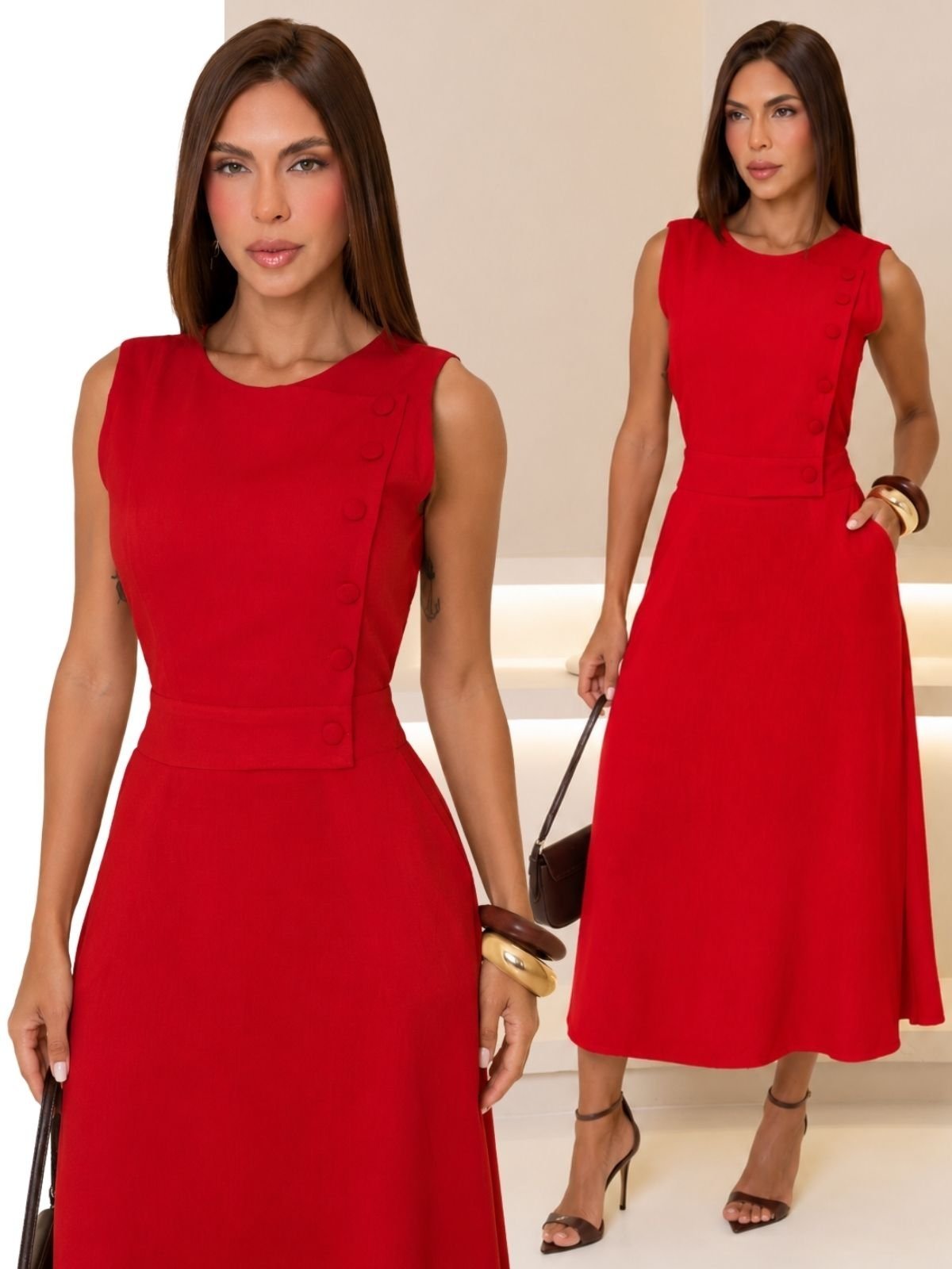 Vestido Feminino Longo Alfaiataria Tropical Fashion Botões e Bolso - Vermelho