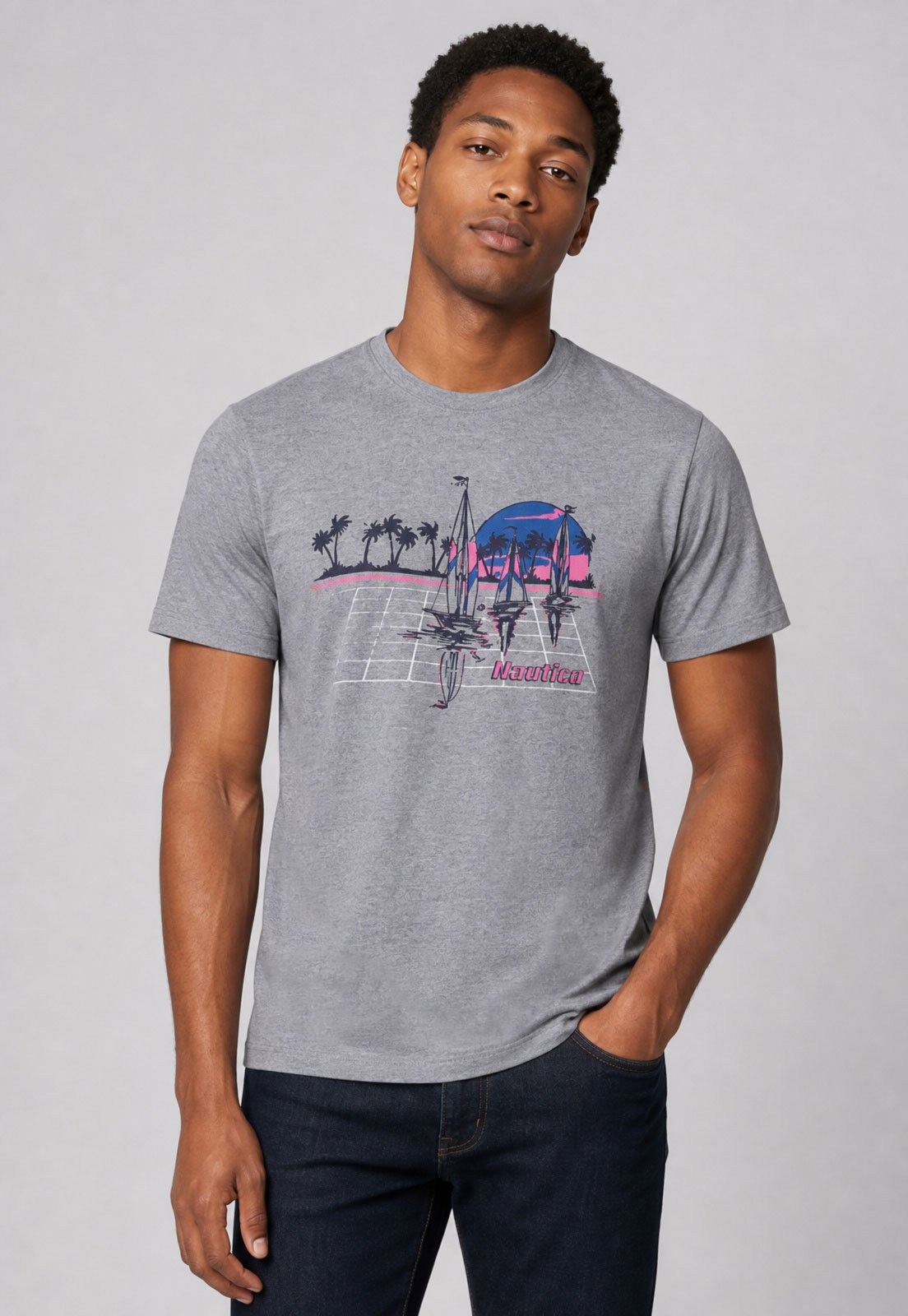 Camiseta Masculina Nautica Estampada Cinza