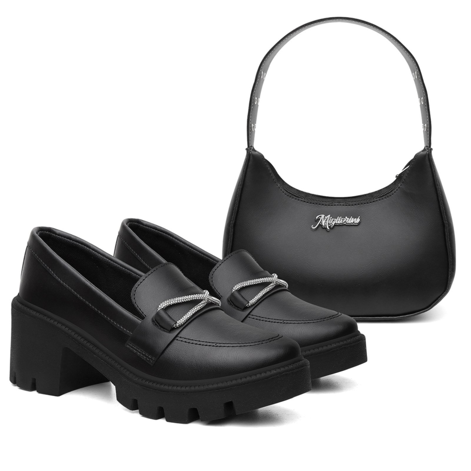 Kit Oxford Mocassim Tratorado Brilho Salto Grosso Bolsa Ombro Preto