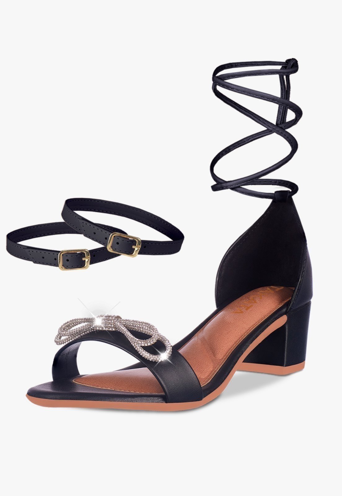 Sandália Feminina Tira Salto Quadrado Baixo Laço Cristal Preto