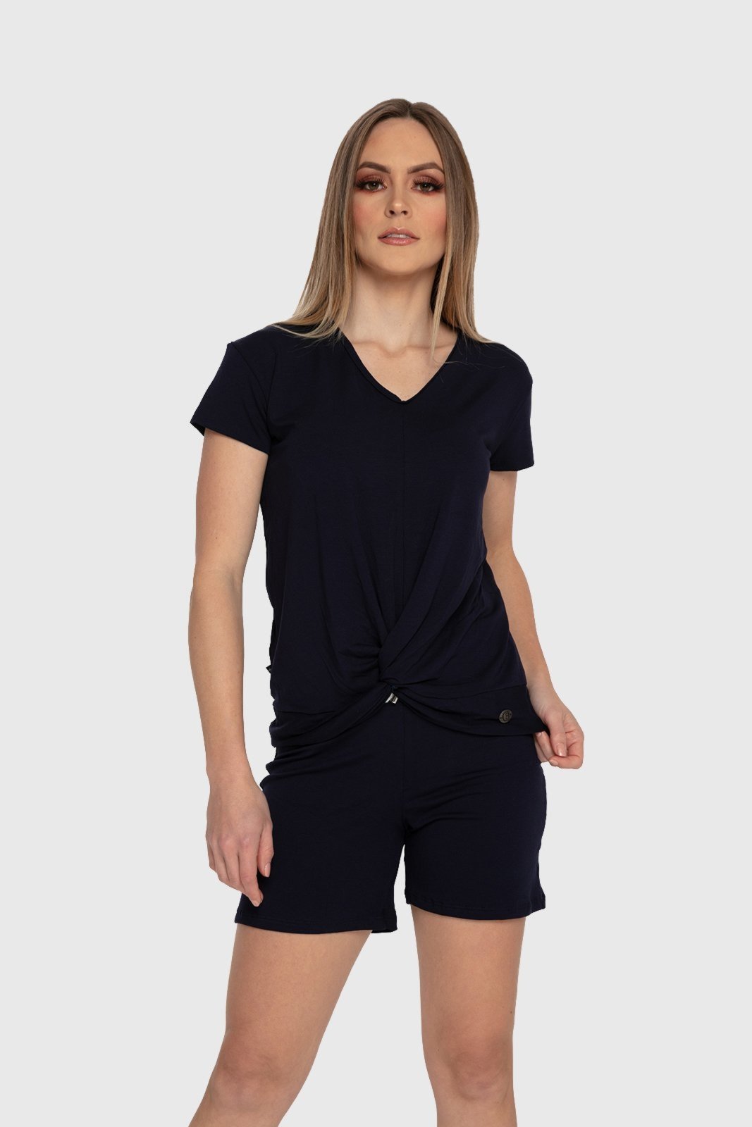 Conjunto Carbella Bella Blusa e Shorts Viscolycra Lisa Detalhe Nó