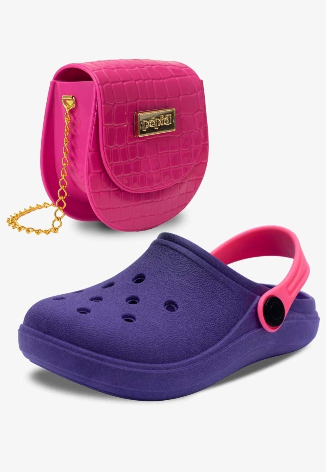 Vista 2 Infantil - Kit Bolsa e Sandalia Babuche Chinelo Pópidi Menina Roxo e Pink roxo pink Pópidí roxo pink