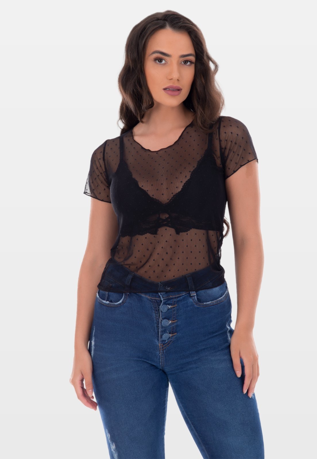 Blusa Tshirt Tule Transparente Fristyle Manga Curta Preto Lisa