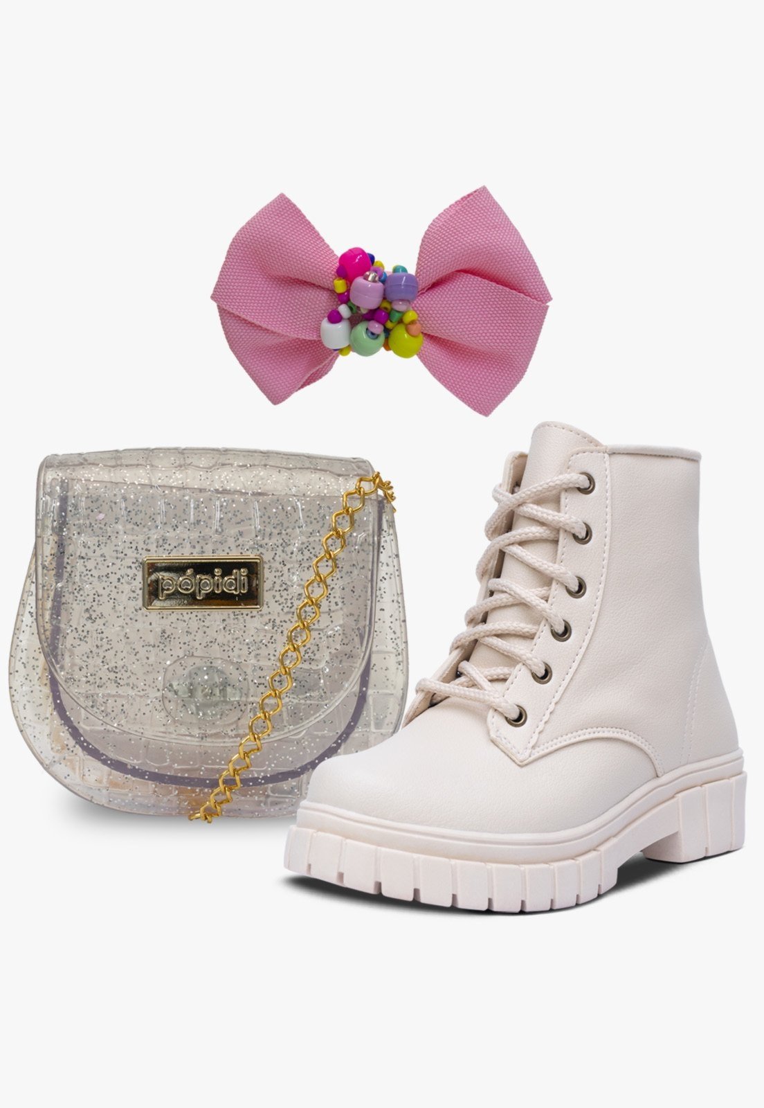 Vista 2 Infantil - Kit Bolsa Presilha e Bota Coturno Tratorado Pópidi Menina Off White off-white white Pópidí off-white white