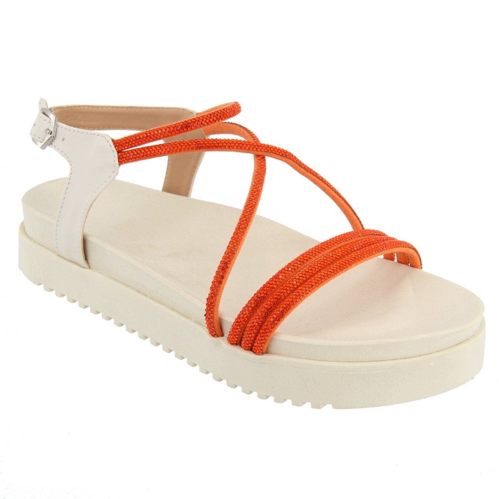 Sandália Papete Flatform Feminina Off White Com Tiras De Strass Laranja 199057