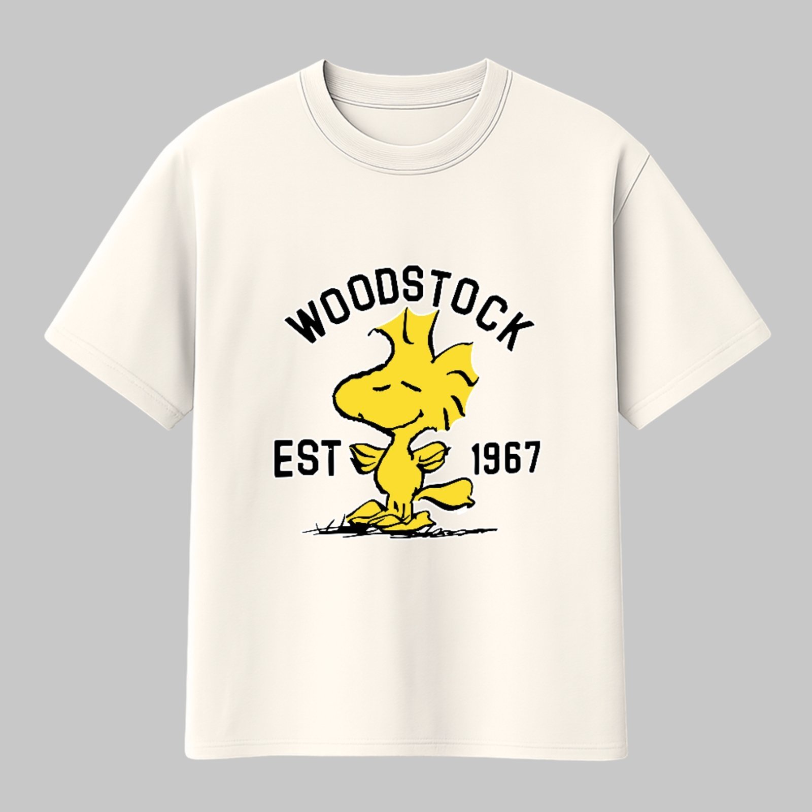 Camiseta Básica Snoopy Peanuts Woodstock Est 1967 Vintage Unissex Off White