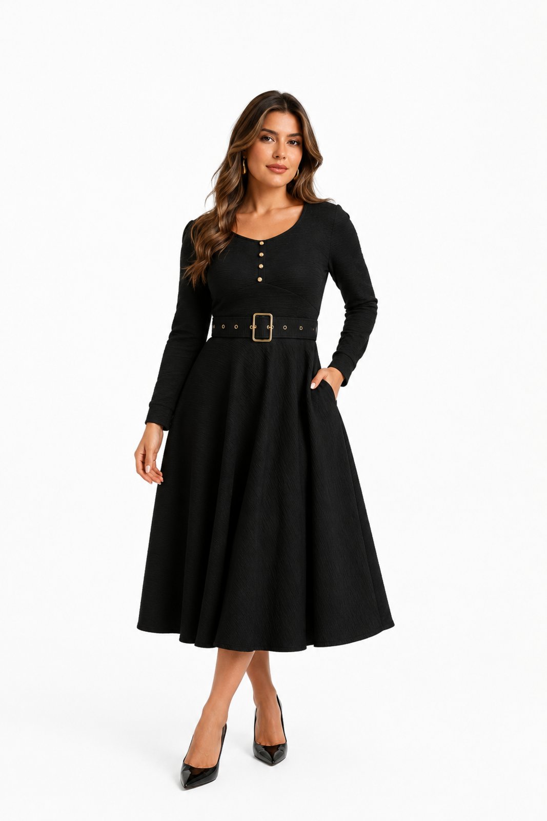 Vestido Midi D Bell Outlet Fashion Malha Texturizada Preto